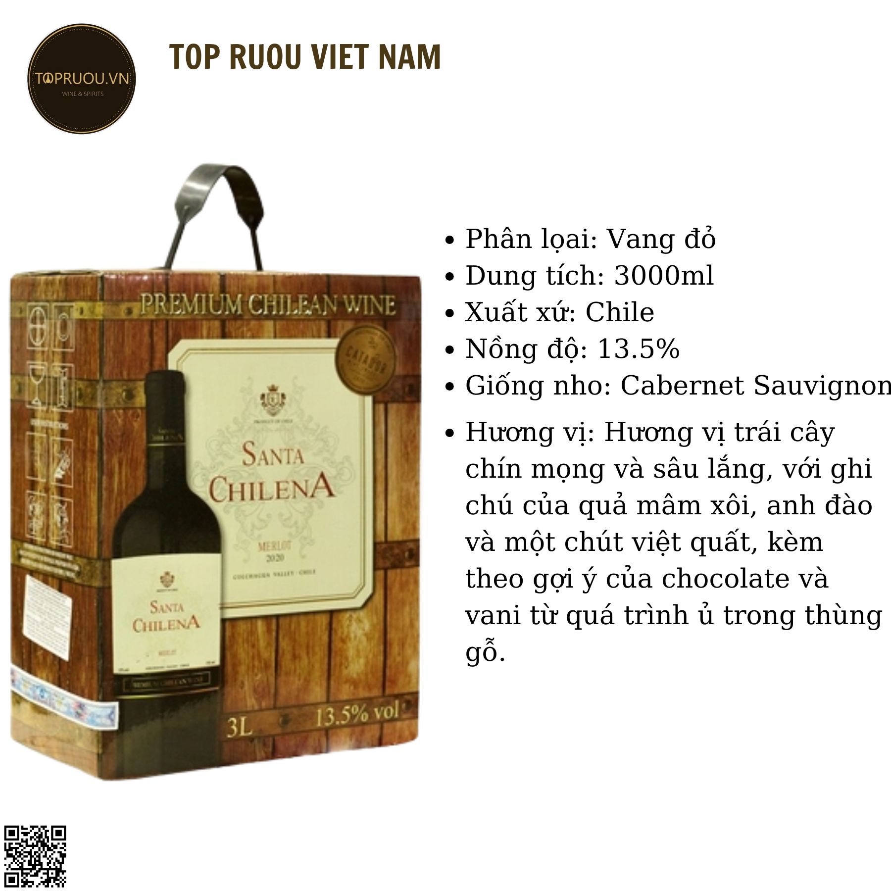 Rượu Vang Túi Santa Chilena  - Chile - Merlot - 13,5% - 3000ml