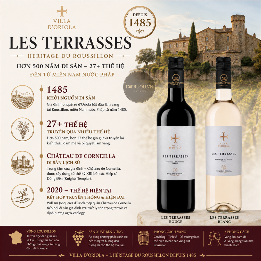 Rượu Vang Đỏ Vignobles Les Terasses - Pháp - Grenache Noir, Marselan, Syrah - 13,5% - 750ml