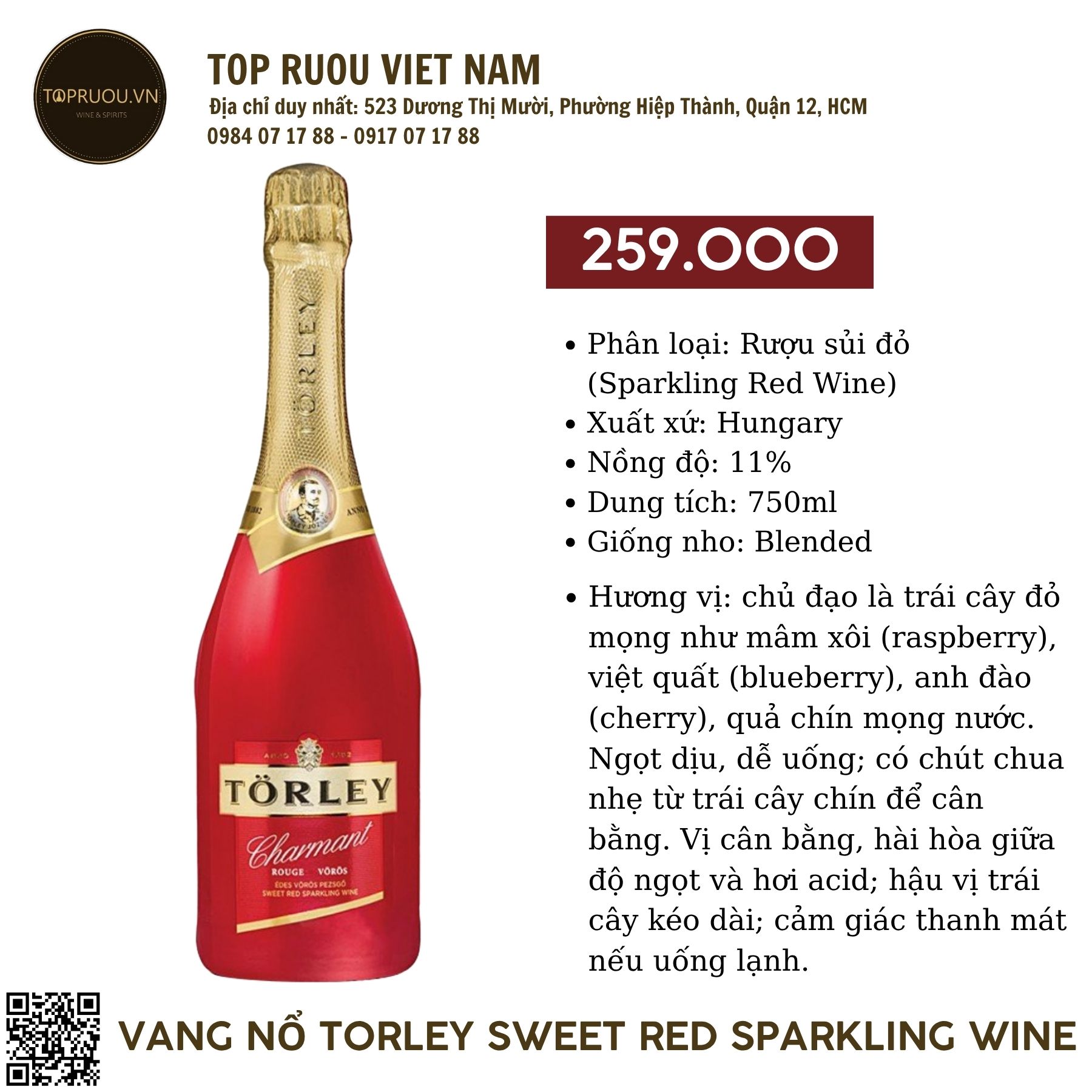 Torley Sweet Red Sparkling Wine - Hungary - Blend - 12% - 750ml