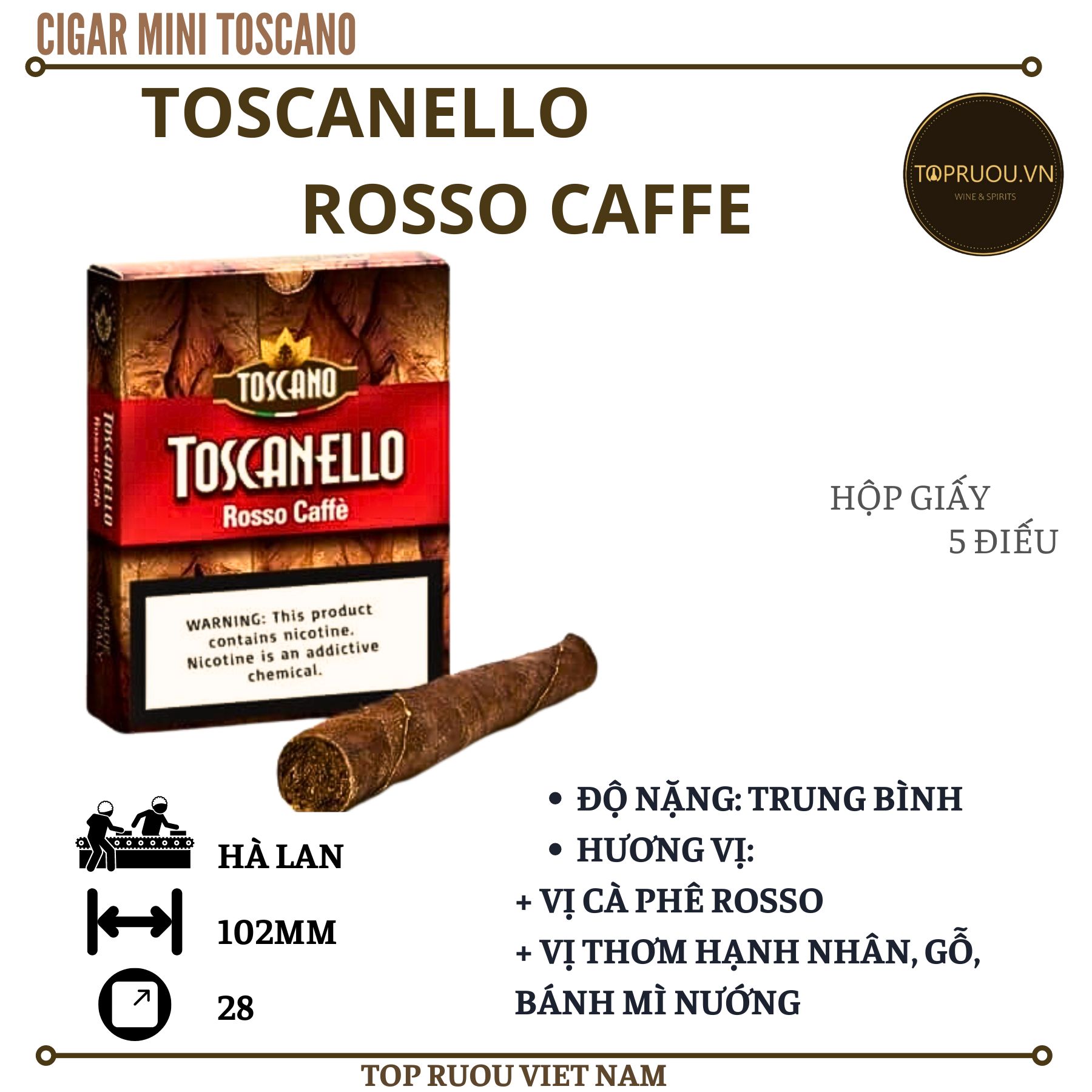 Xì Gà Toscano Toscanello Rosso Cafe - 5 Điếu - Ý