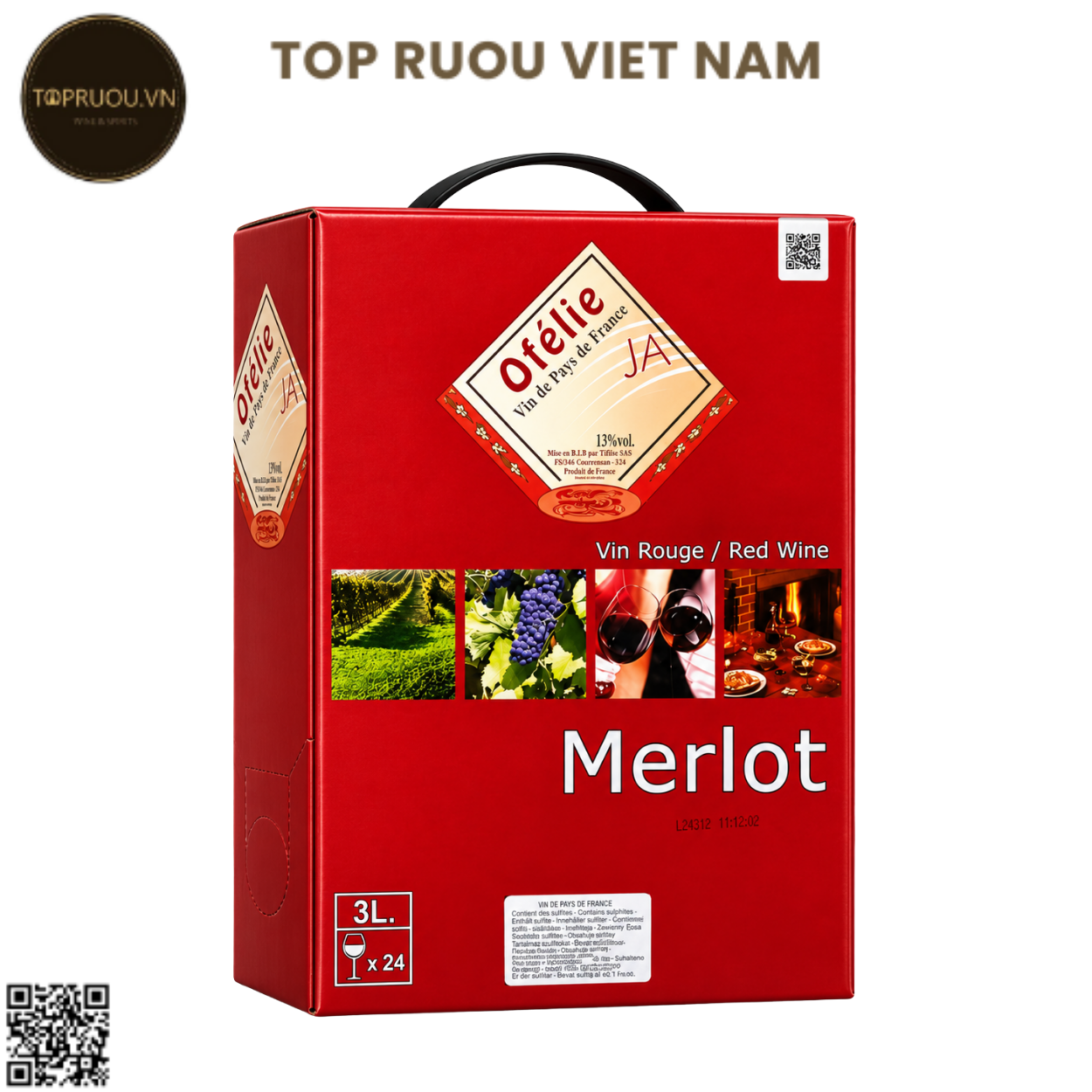 Rượu Vang Túi Đỏ Ofélie Merlot - 3000ml - 13% - Pháp