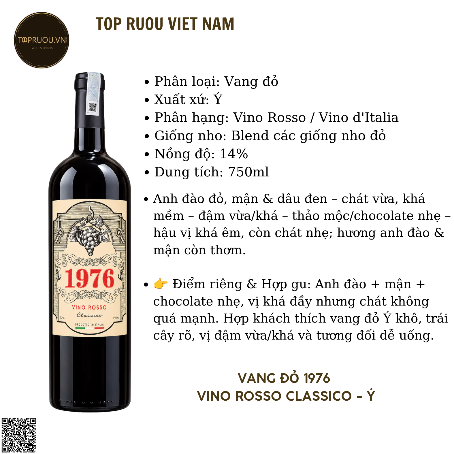 Vang Đỏ 1976 Vino Rosso Classico - Italia - Cabernet Sauvignon - 14% - 750ml
