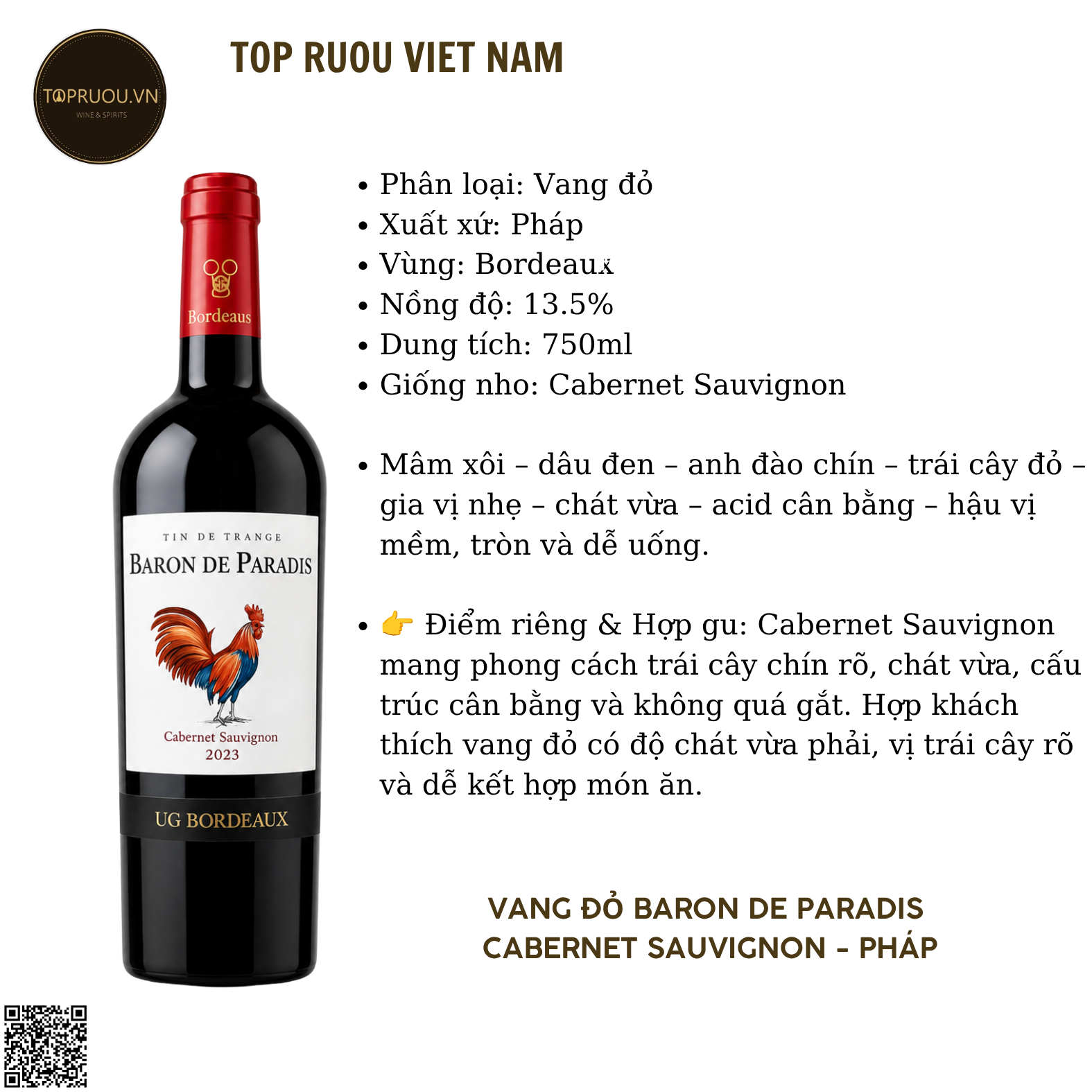 Vang Đỏ Baron De Paradis - Pháp - Cabernet Sauvignon - 13,5% - 750ml