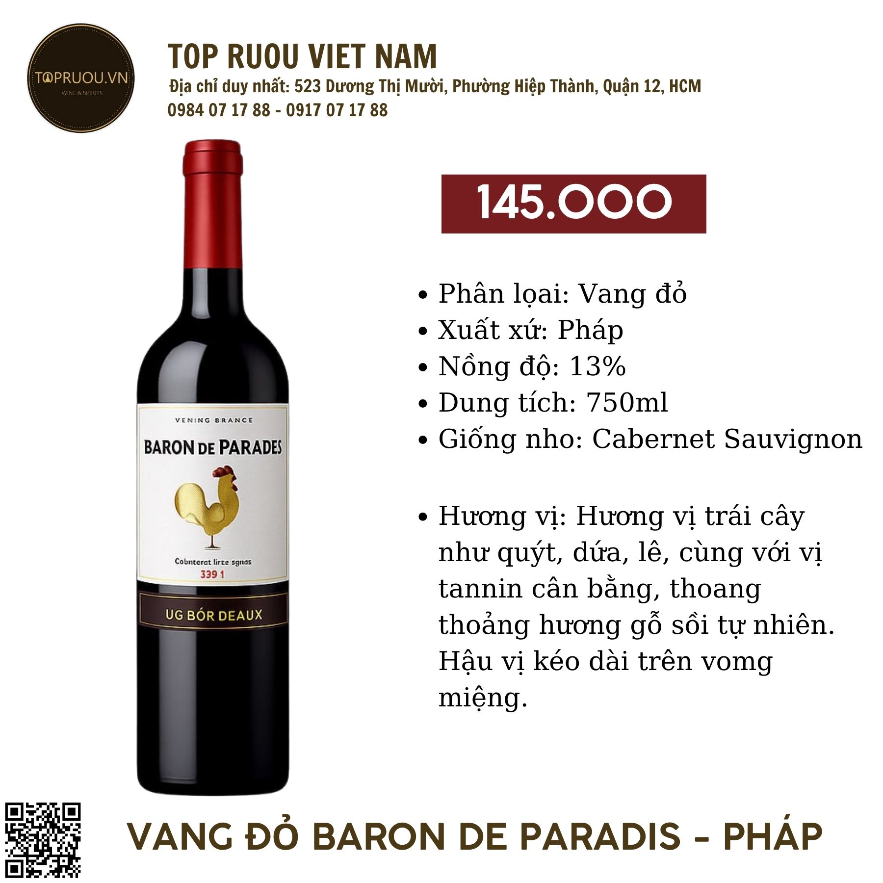 Vang Đỏ Baron De Parre - Pháp - Cabernet Sauvignon - 13,5% - 750ml