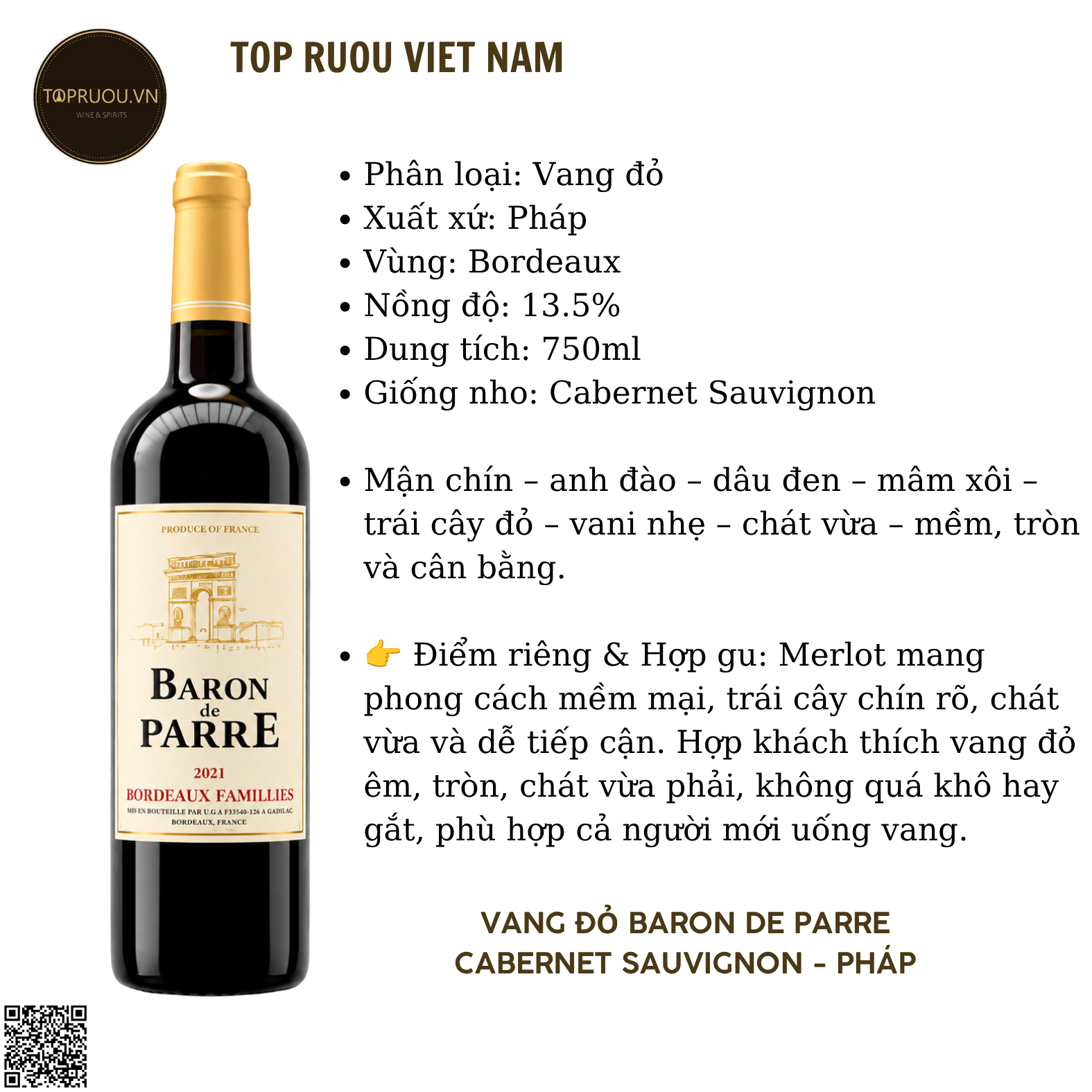 Vang Đỏ Baron De Parre - Pháp - Merlot - 13,5% - 750ml
