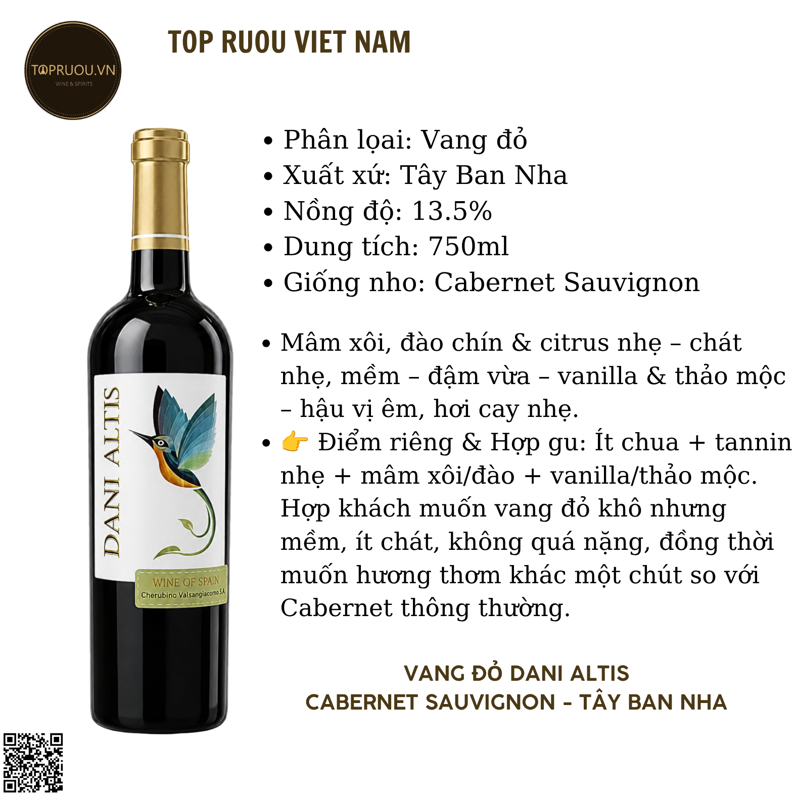 Vang Đỏ Dani Altis - Cabernet Sauvignon - 750ml - 13,5% - Tây Ban Nha