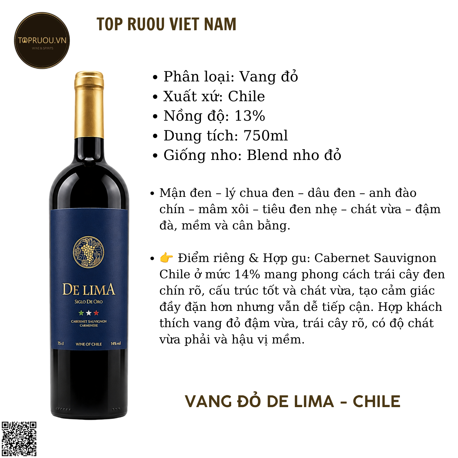 Vang Đỏ De Lima - Chile - Cabernet Sauvignon - 13% - 750ml