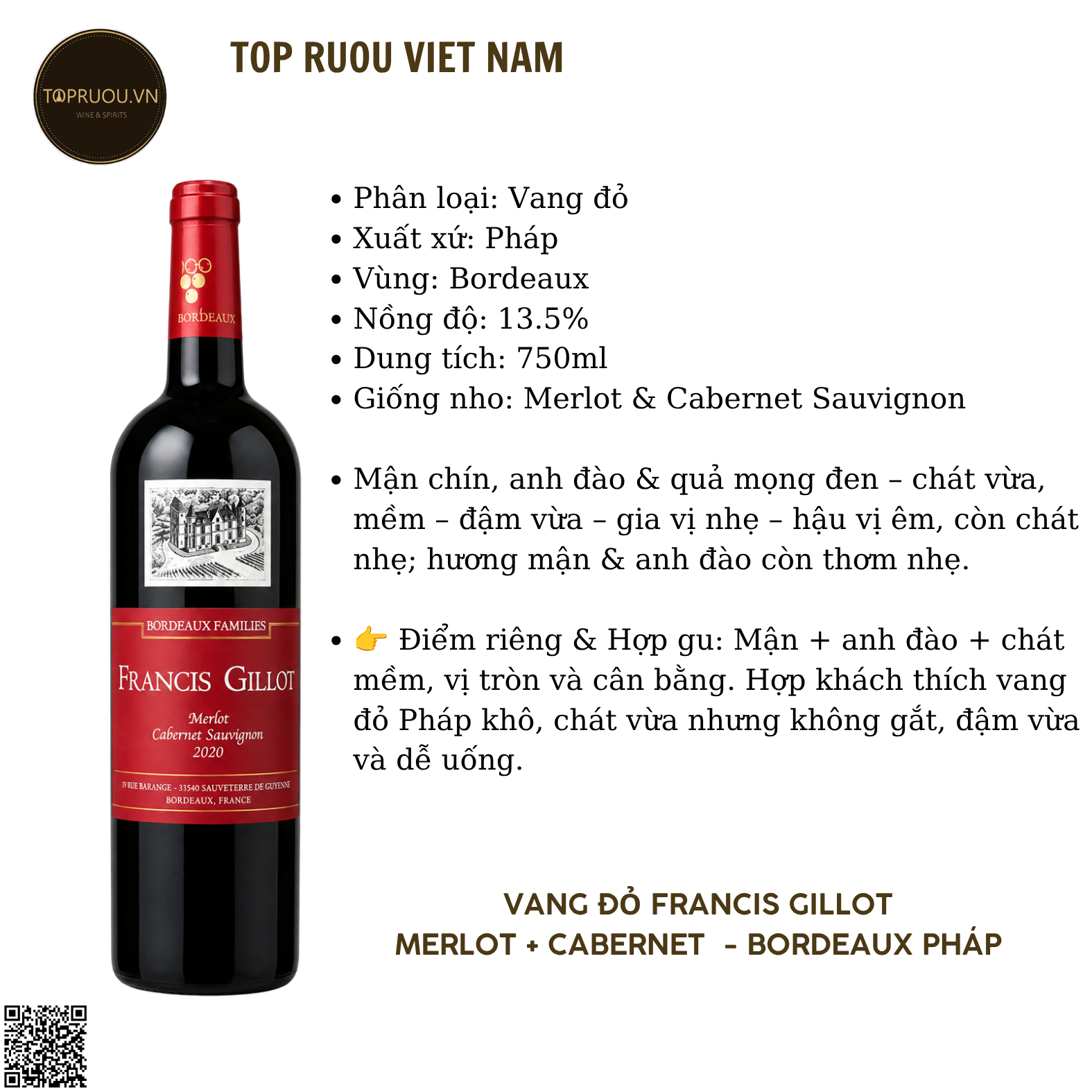 Vang Đỏ Francis Gillot - Pháp - Merlot - Cabernet Sauvignon - 13,5% - 750ml