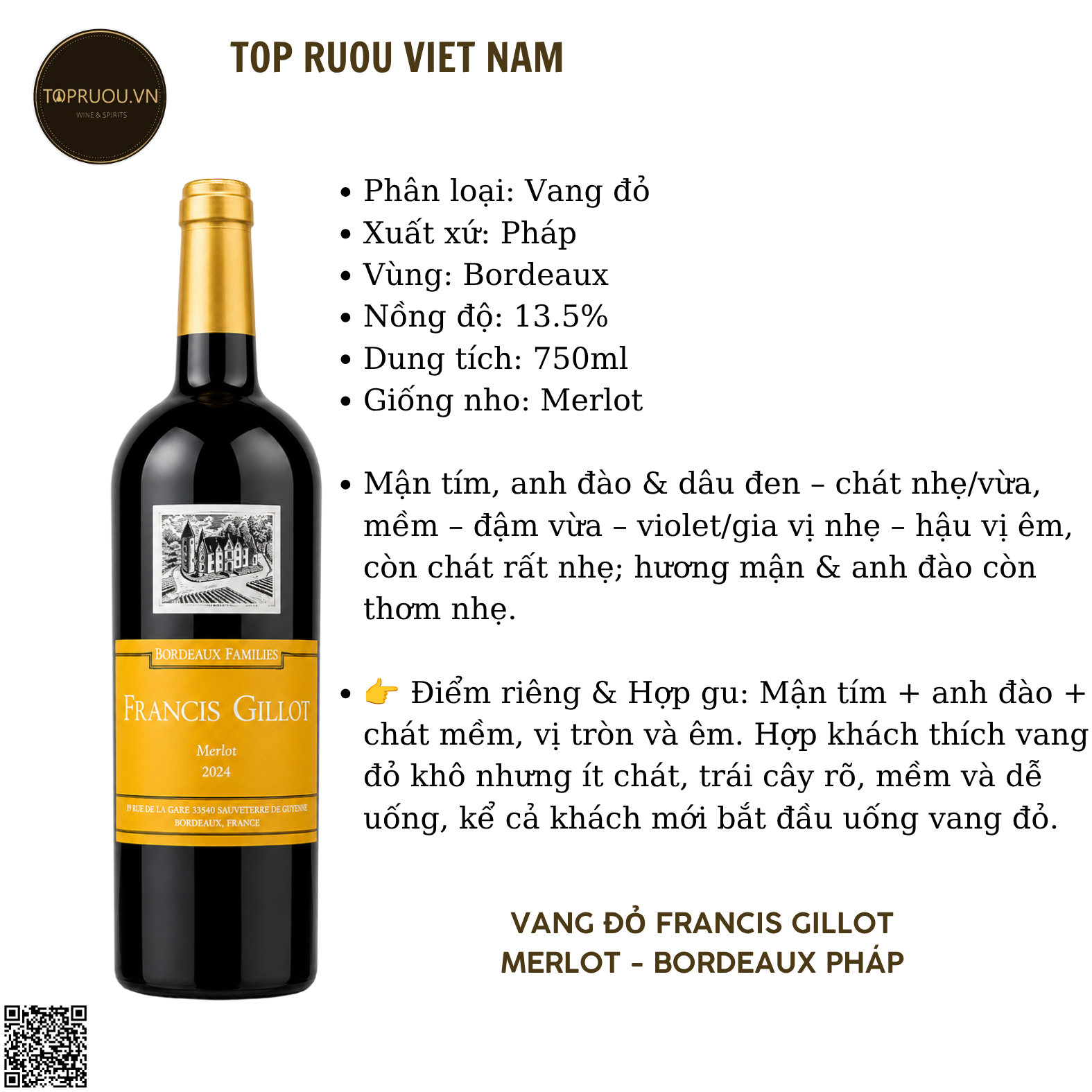 Rượu Vang Đỏ Francis Gillot - Pháp - Merlot - 13,5% - 750ml
