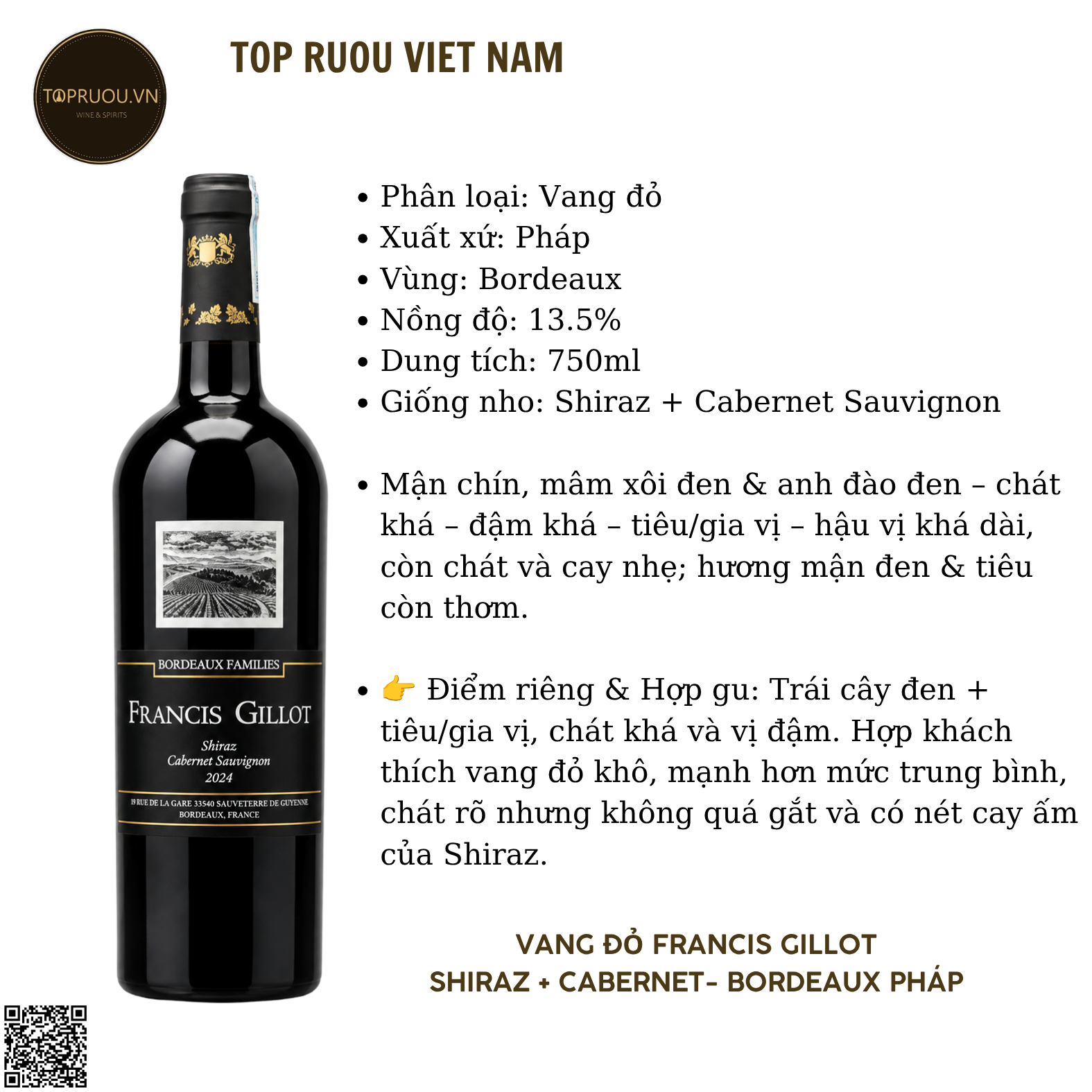 Vang Đỏ Francis Gillot - Pháp - Shiraz, Cabernet Savignon - 13,5% - 750ml