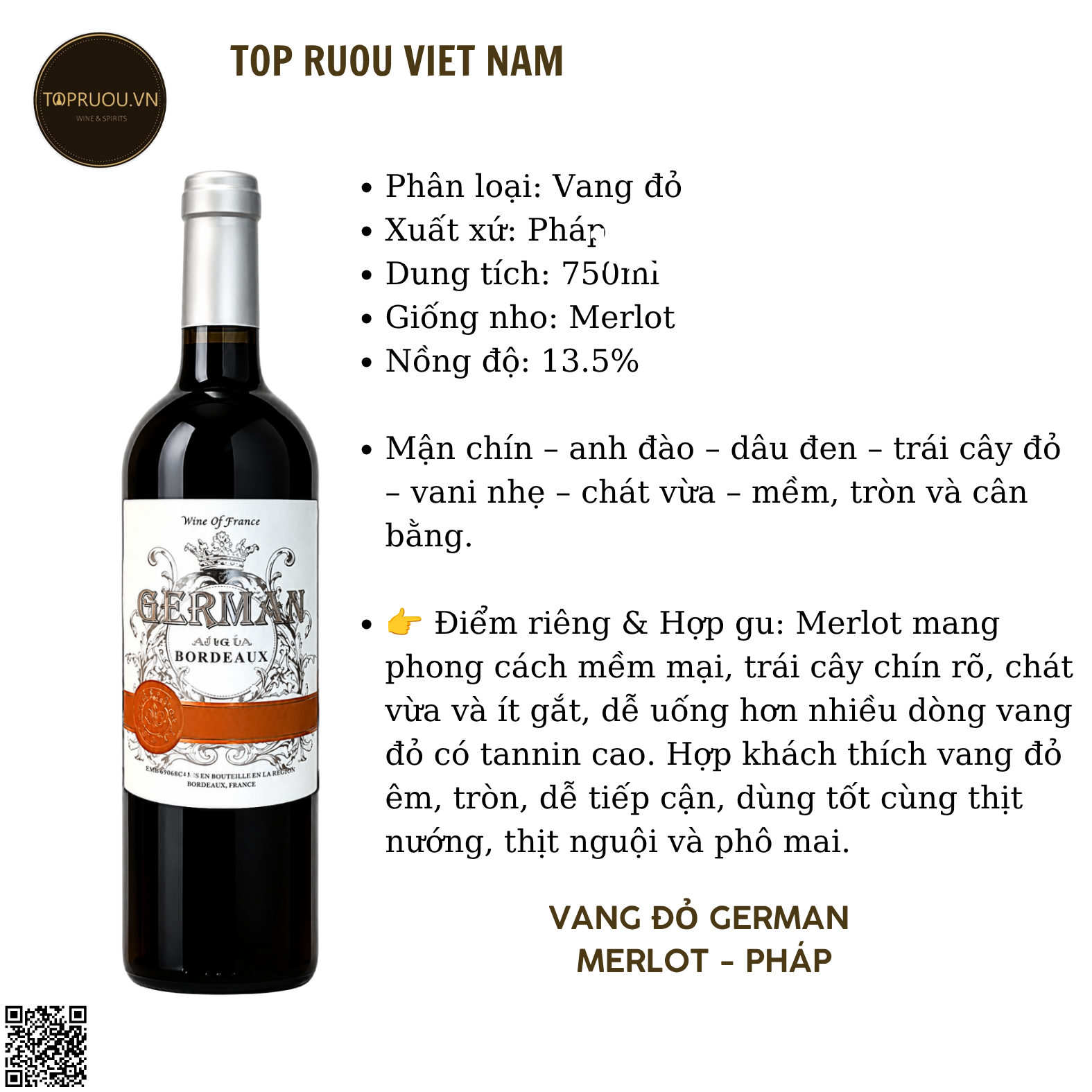 Vang Đỏ German - Pháp - Merlot - 13,5% - 750ml