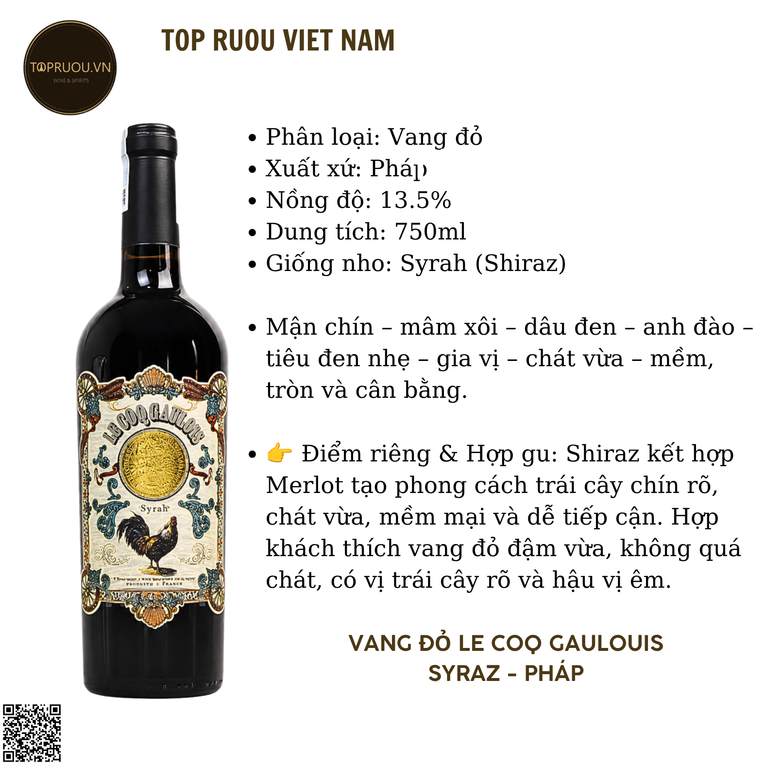 Vang Đỏ Le Coq Gaulouis - Pháp - Shiraz, Merlot - 13,5% - 750ml