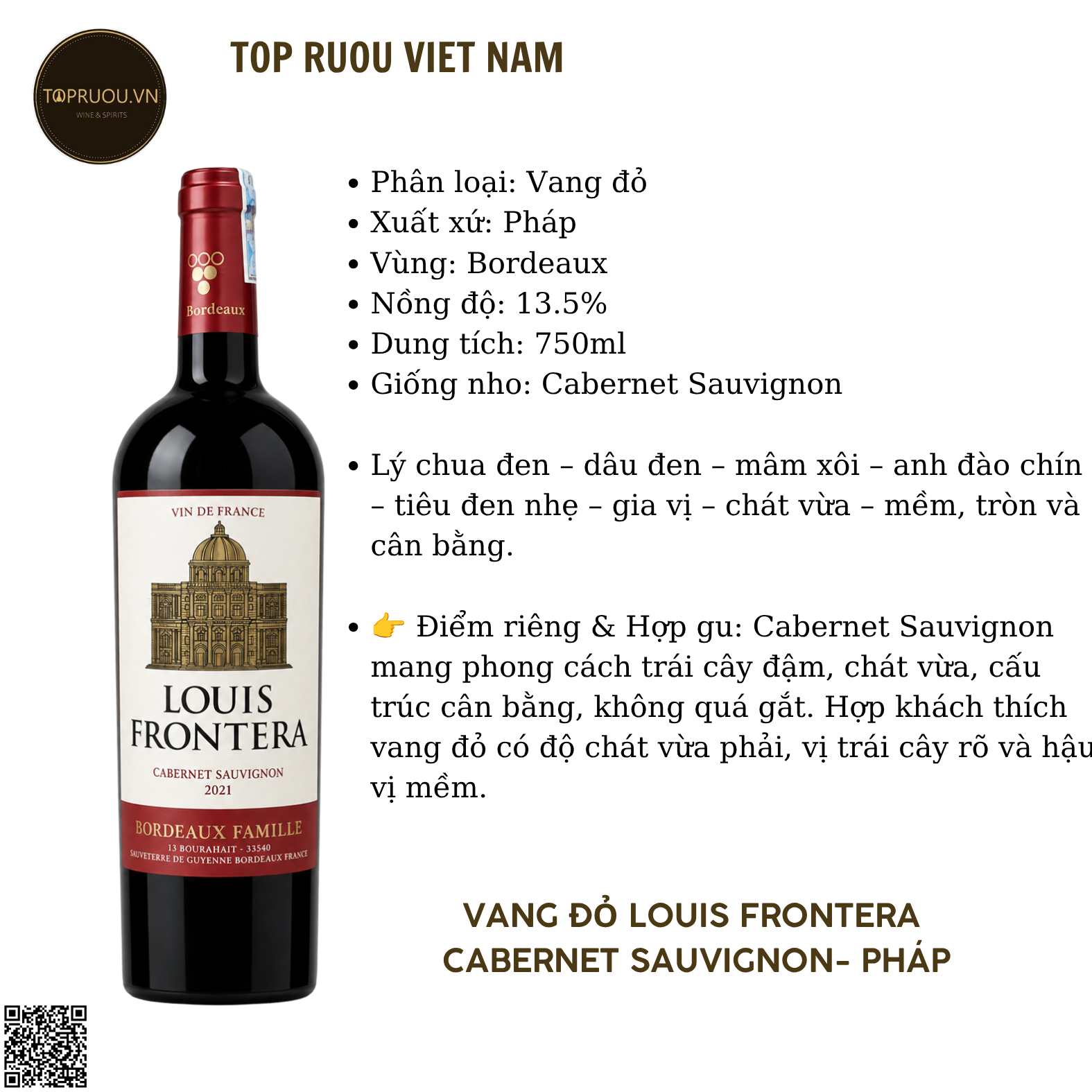 Vang Đỏ Louis Frontera - Pháp - Cabernet Sauvignon - 13,5% - 750ml