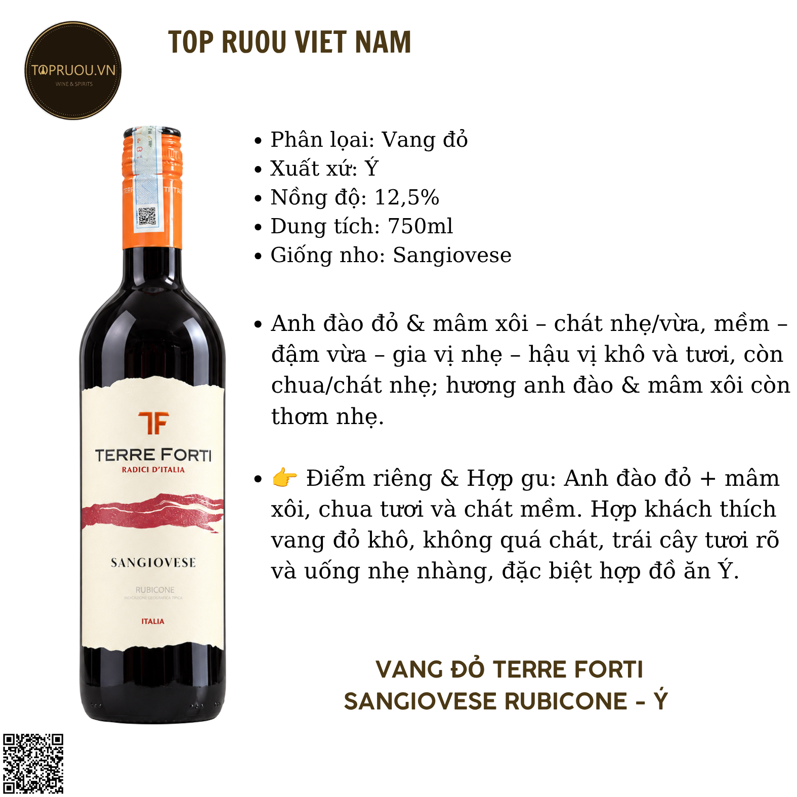 Vang Đỏ Terre Forti Sangiovese RubiCone - Ý - Sangiovese - 12,5% - 750ml