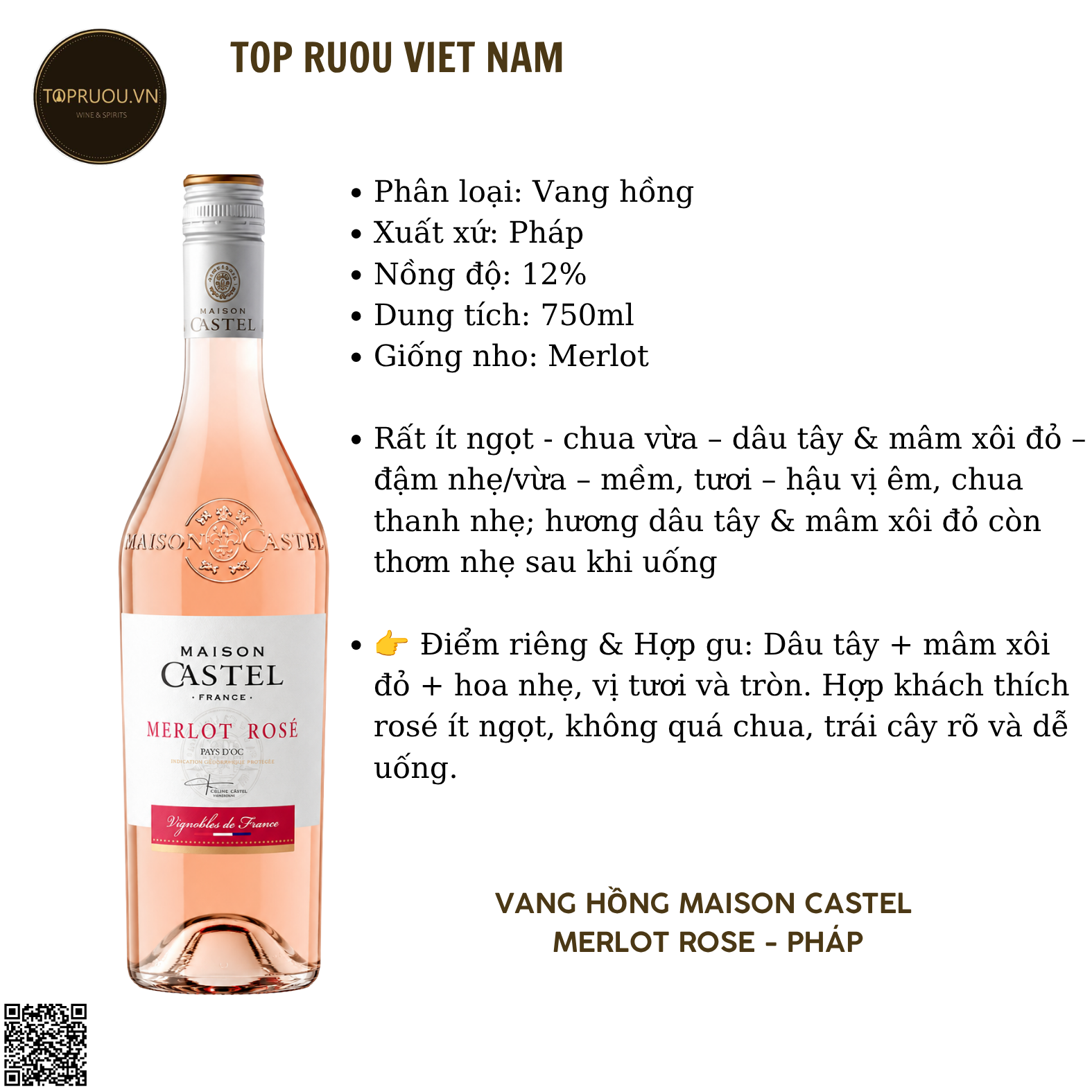 Vang Hồng Maison Castel Merlot Rose, IGP d'Oc - Pháp - Merlot - 12% - 750ml