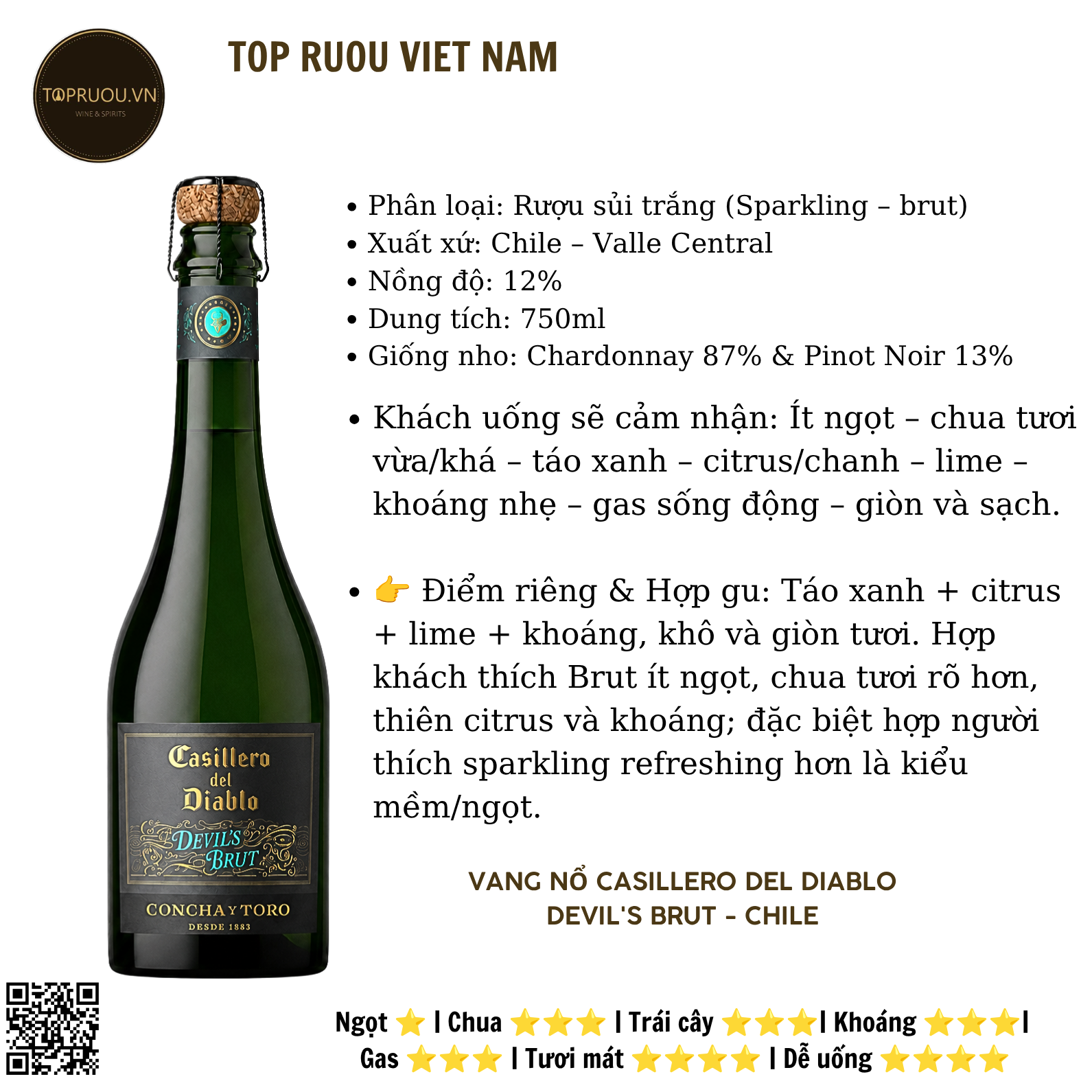 Vang Nổ Casillero Del Diablo Devil's Brut - Chile - Chardonnay, Pinot Noir - 12% - 750ml