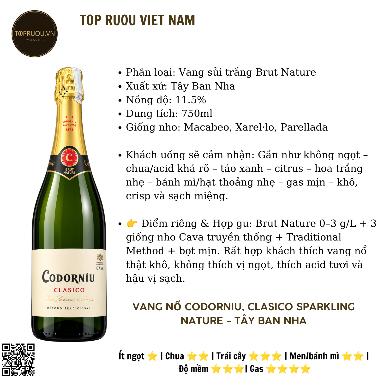 Vang Nổ Codorniu Clasico Sparkling Brut Nature DO Cava - Tây Ban Nha - Blend - 11,5% - 750ml