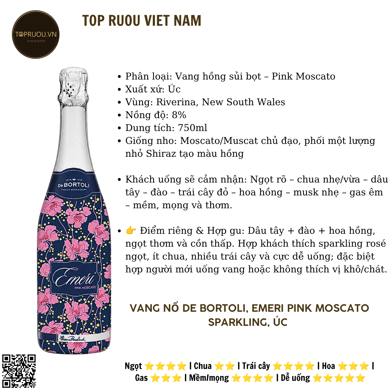 Vang Nổ De Bortoli Emeri Pink Moscato - Úc - Moscato - 8% - 750ml (NGỌT)