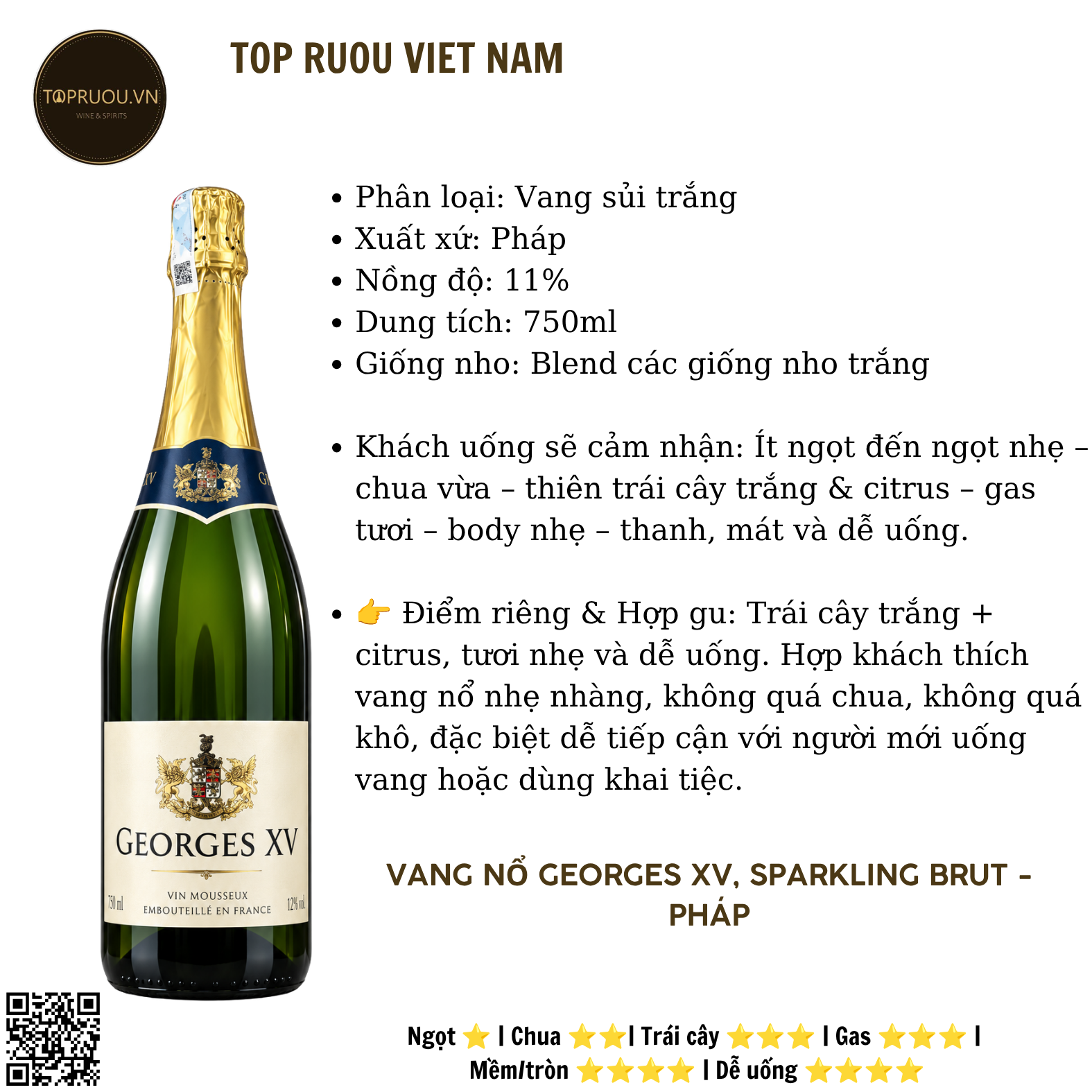 Vang Nổ Georges XV Vin Mousseux White - Pháp - Blended - 11% - 750ml