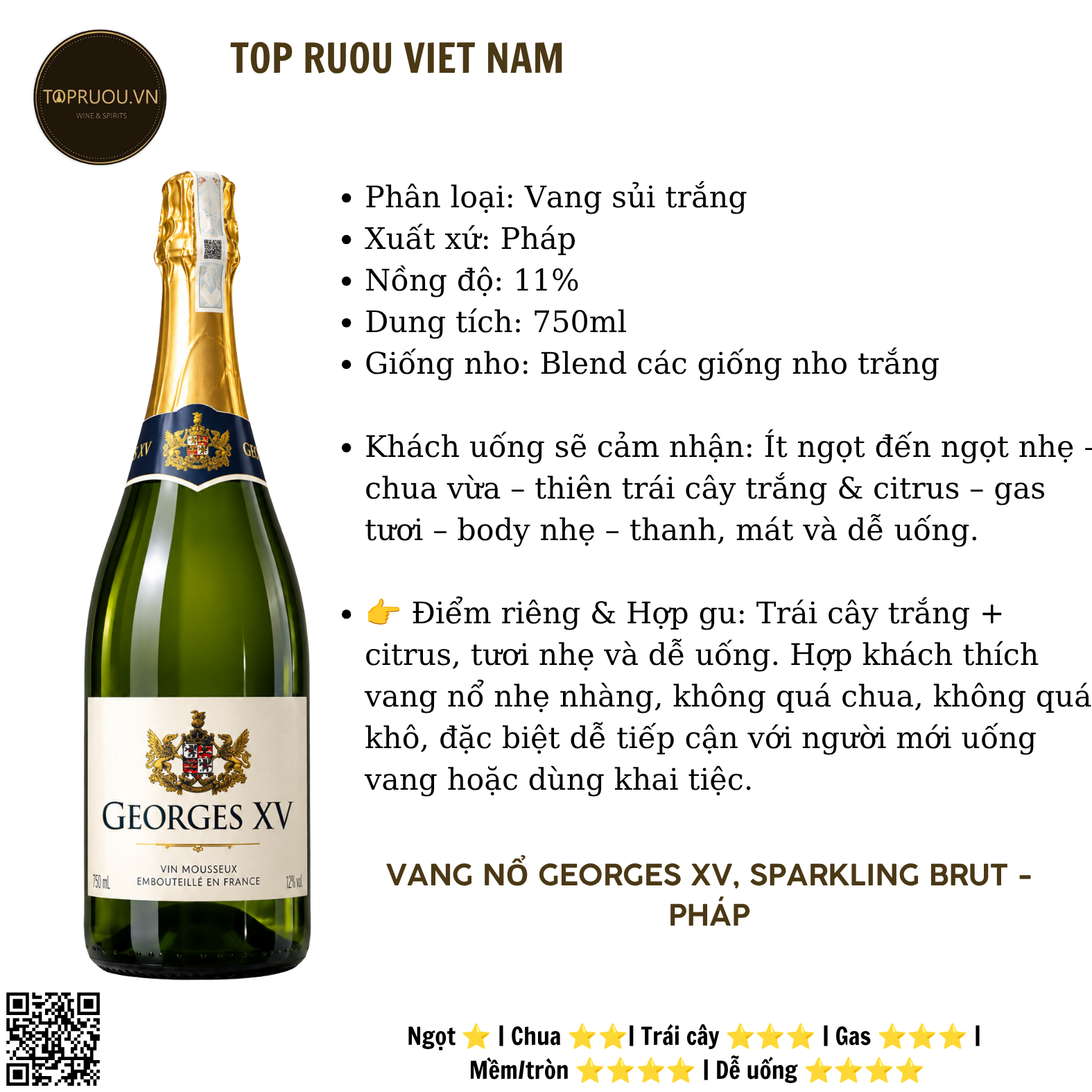 Vang Nổ Georges XV Vin Mousseux White - Pháp - Blended - 11% - 750ml