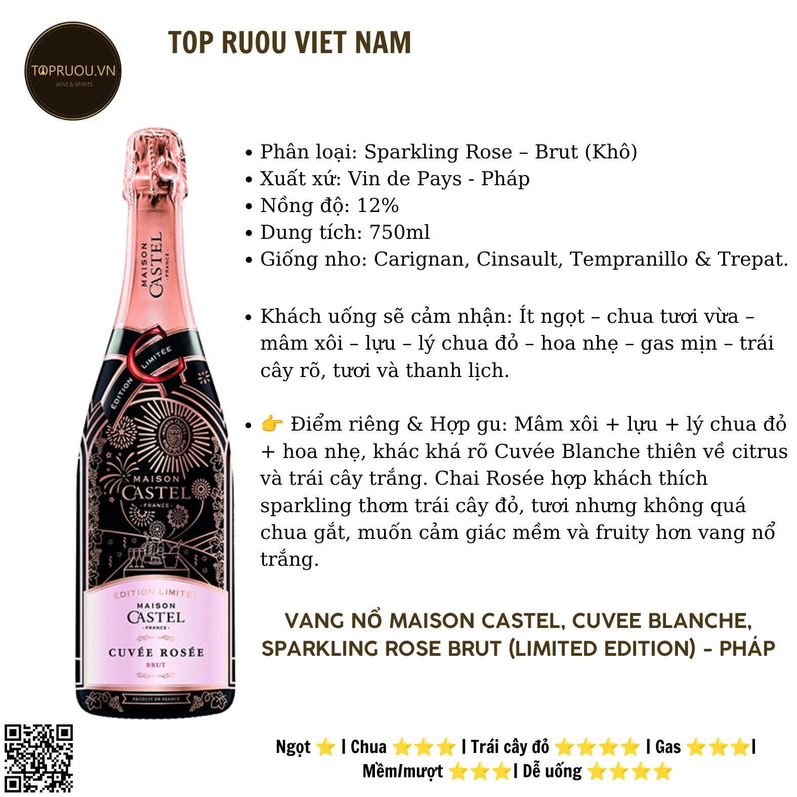 Vang Nổ Hồng Maison Castel Cuvee Blanche Sparkling Rose Brut (Limited Edition) - Pháp - Pinot Noir - 12% - 750ml