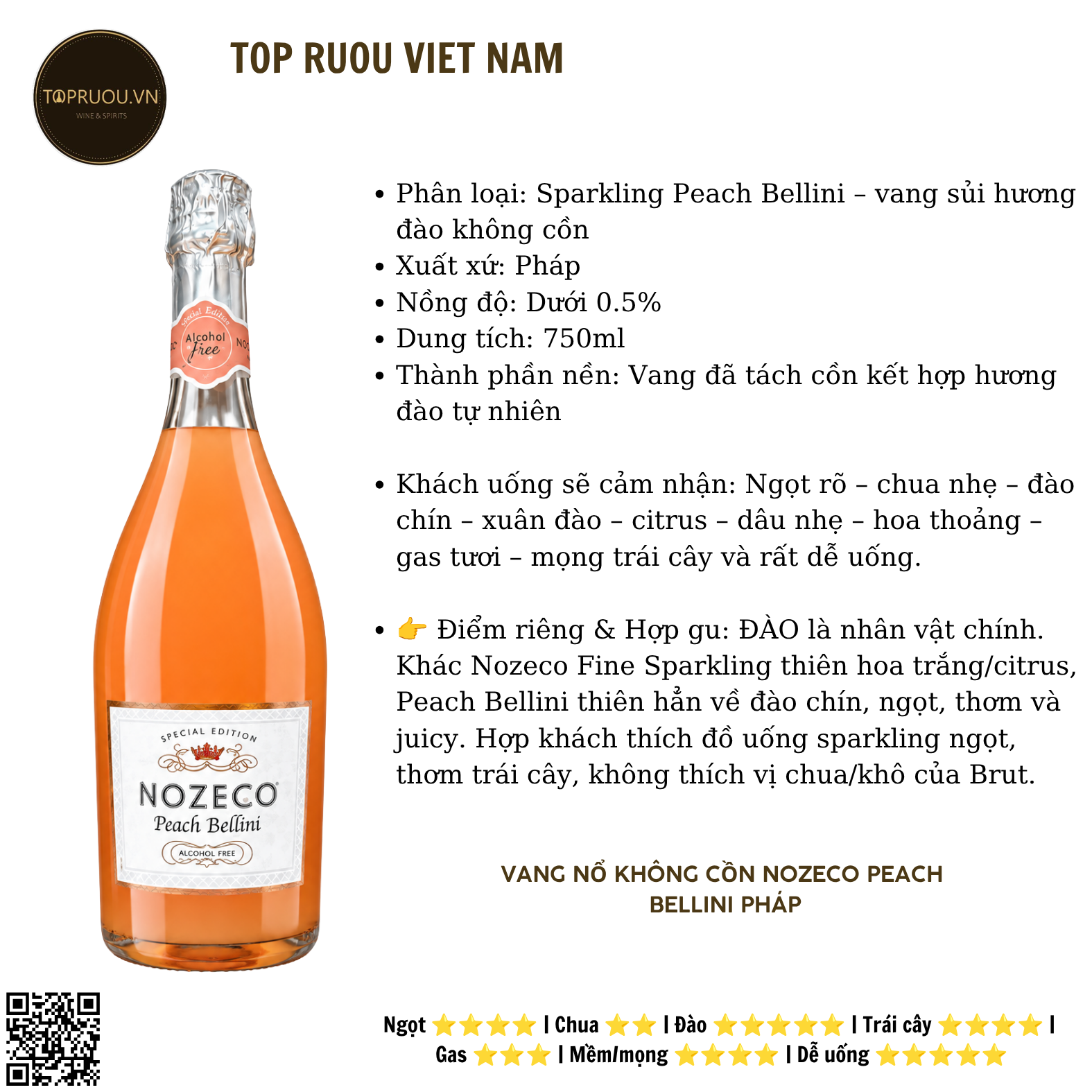 Rượu Vang Nổ Nozeco Peach Bellini - Pháp - Blended - 0% - 750ml