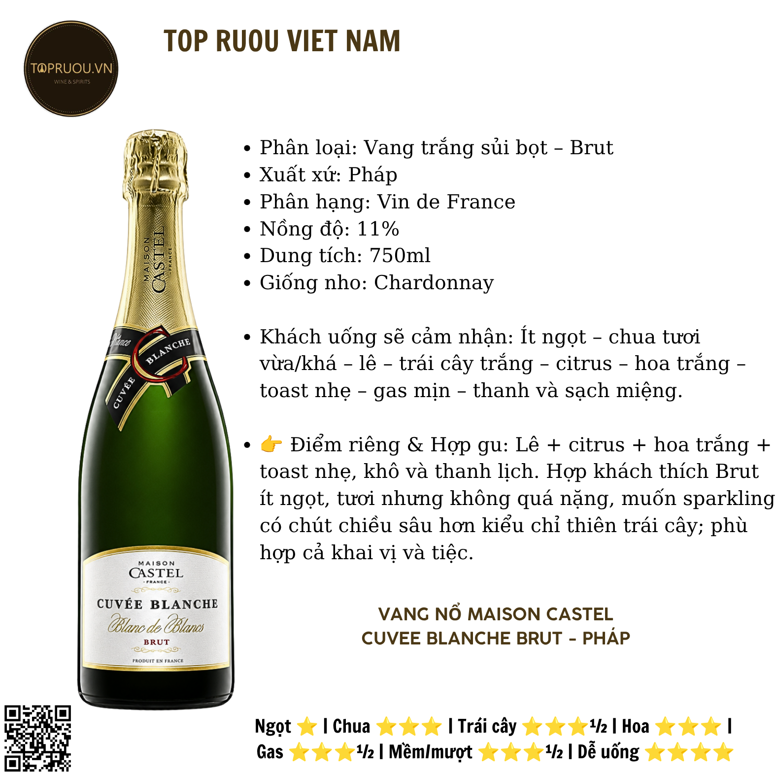 Vang Nổ Maison Castel Cuvee Blanche Brut - Pháp - Chardonnay - 11% - 750ml