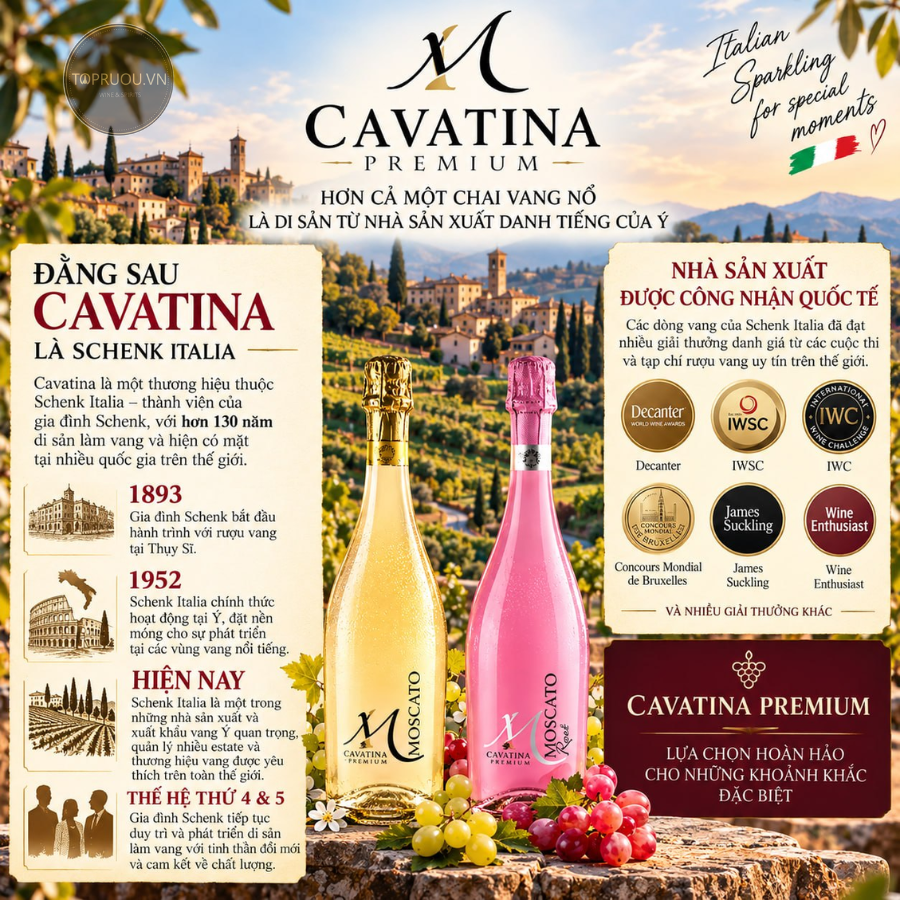 Vang Nổ Sparkling Cavatina Moscato Rose - Italia - Moscato - 8.5% - 750ml