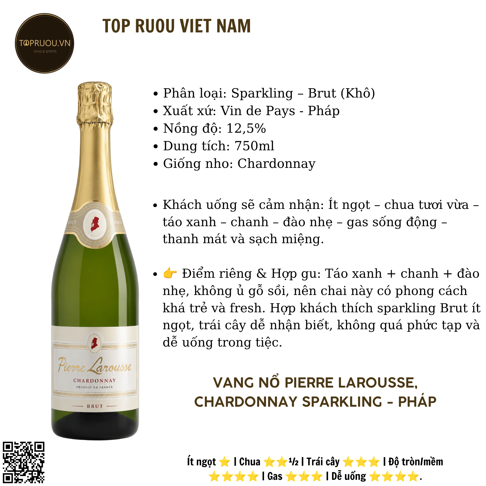 Vang Nổ Pierre Larousse Chardonnay Sparkling Wine - Pháp - Chardonnay - 12,5% - 750ml