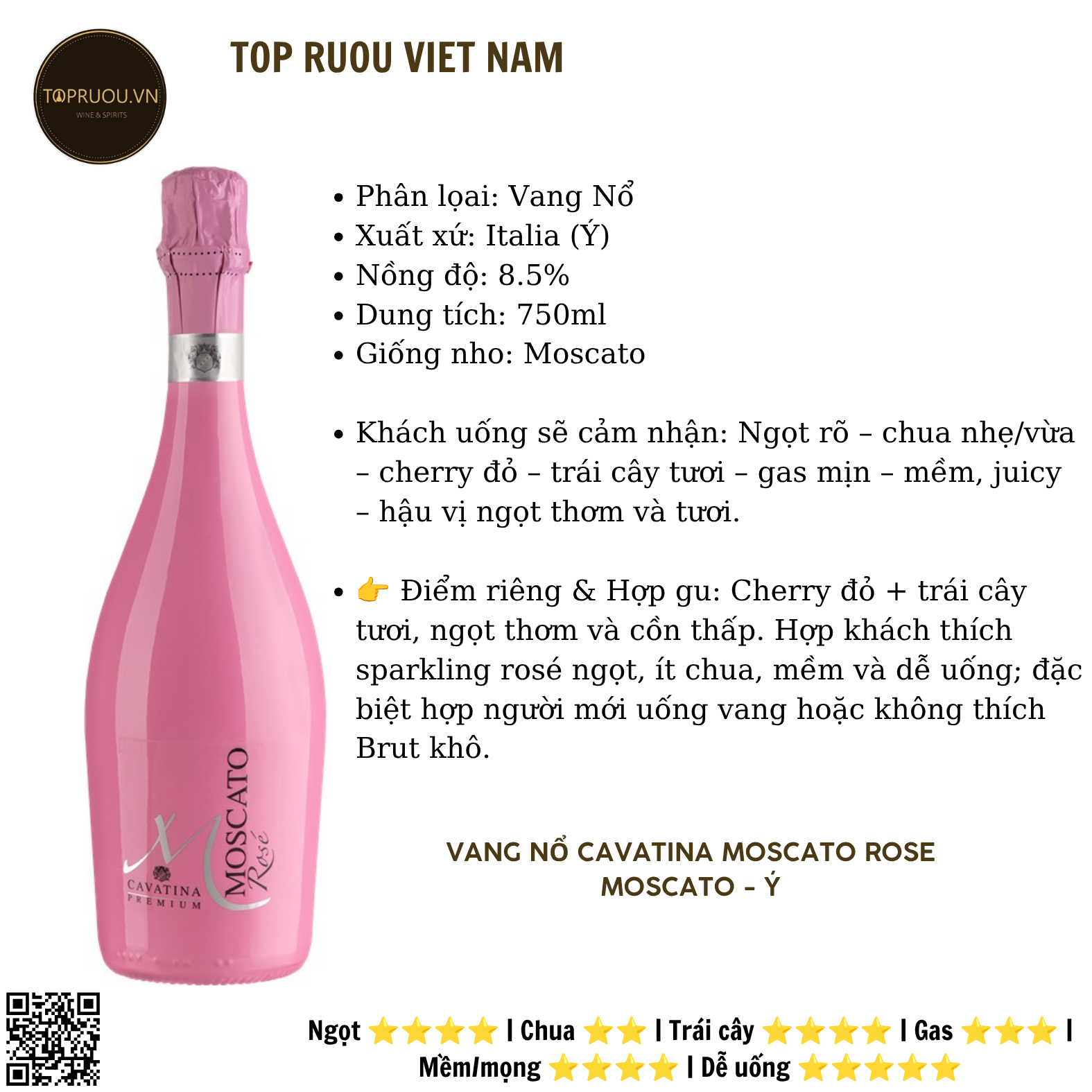 Vang Nổ Sparkling Cavatina Moscato Rose - Italia - Moscato - 8.5% - 750ml