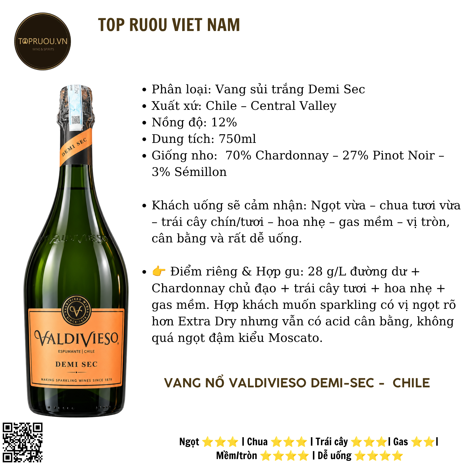 Vang Nổ Sparkling Wine Valdivieso Demi Sec - Chile - Chardonnay, Semillon - 12%  - 750ml