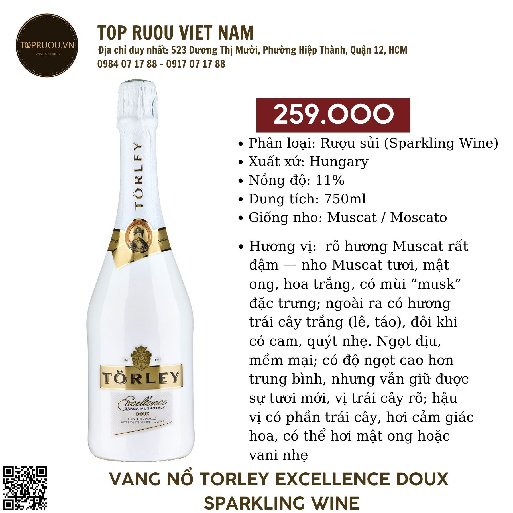 Torley Excellence Doux Sparkling Wine - Hungary - Muscat - 11.5% - 750ml
