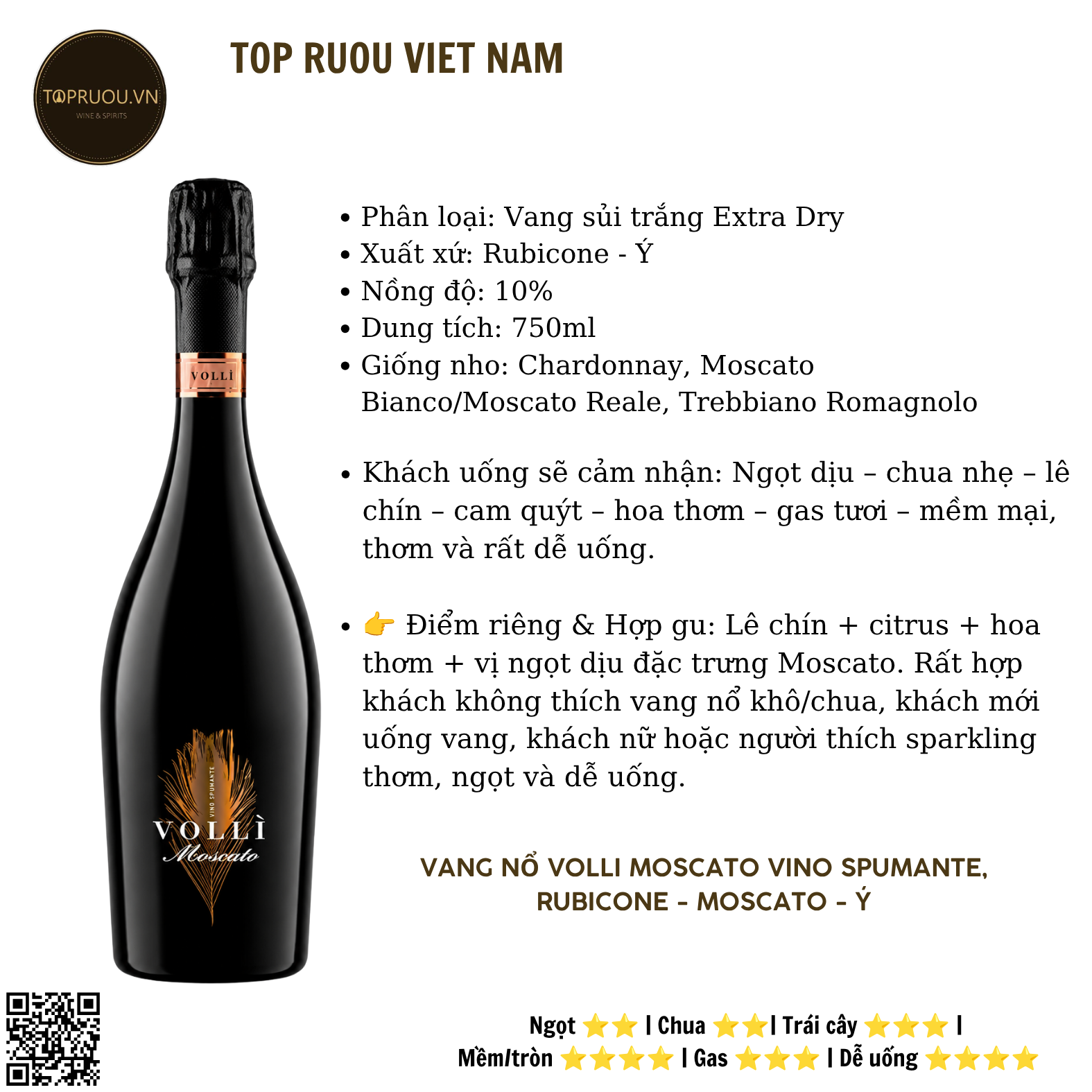 Vang Nổ Volli Moscato Vino Spumante - Ý - Moscato (Muscat) - 10% - 750ml