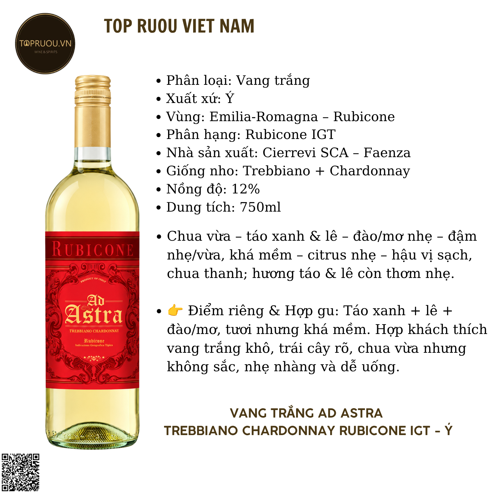 Vang Trắng Ad Astra Trebbiano Chardonnay Rubicone IGT - Ý - Trebbiano, Chardonnay - 12% - 750ml
