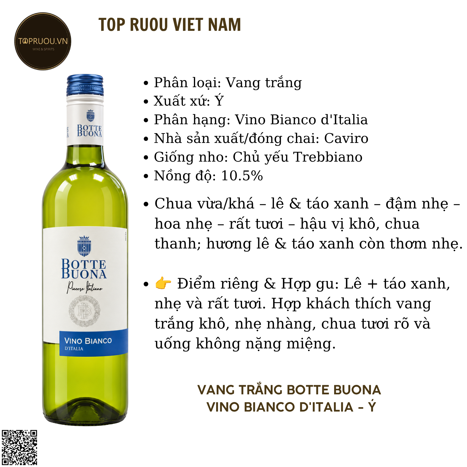 Vang Trắng Botte Buona, Vino Bianco  - Ý - Trebbiano - 10.5% - 750ml