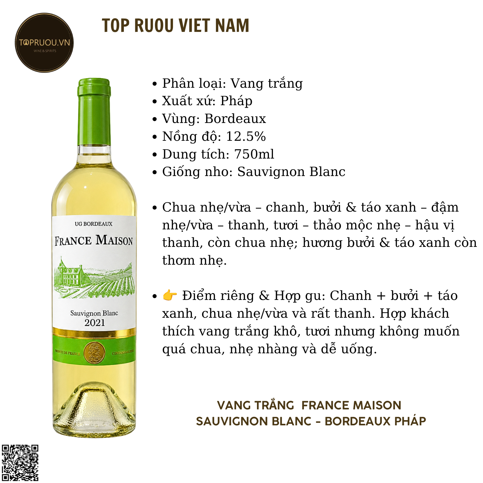 Vang Trắng France Maison - Pháp - Sauvignon Blanc - 12,5% - 750ml