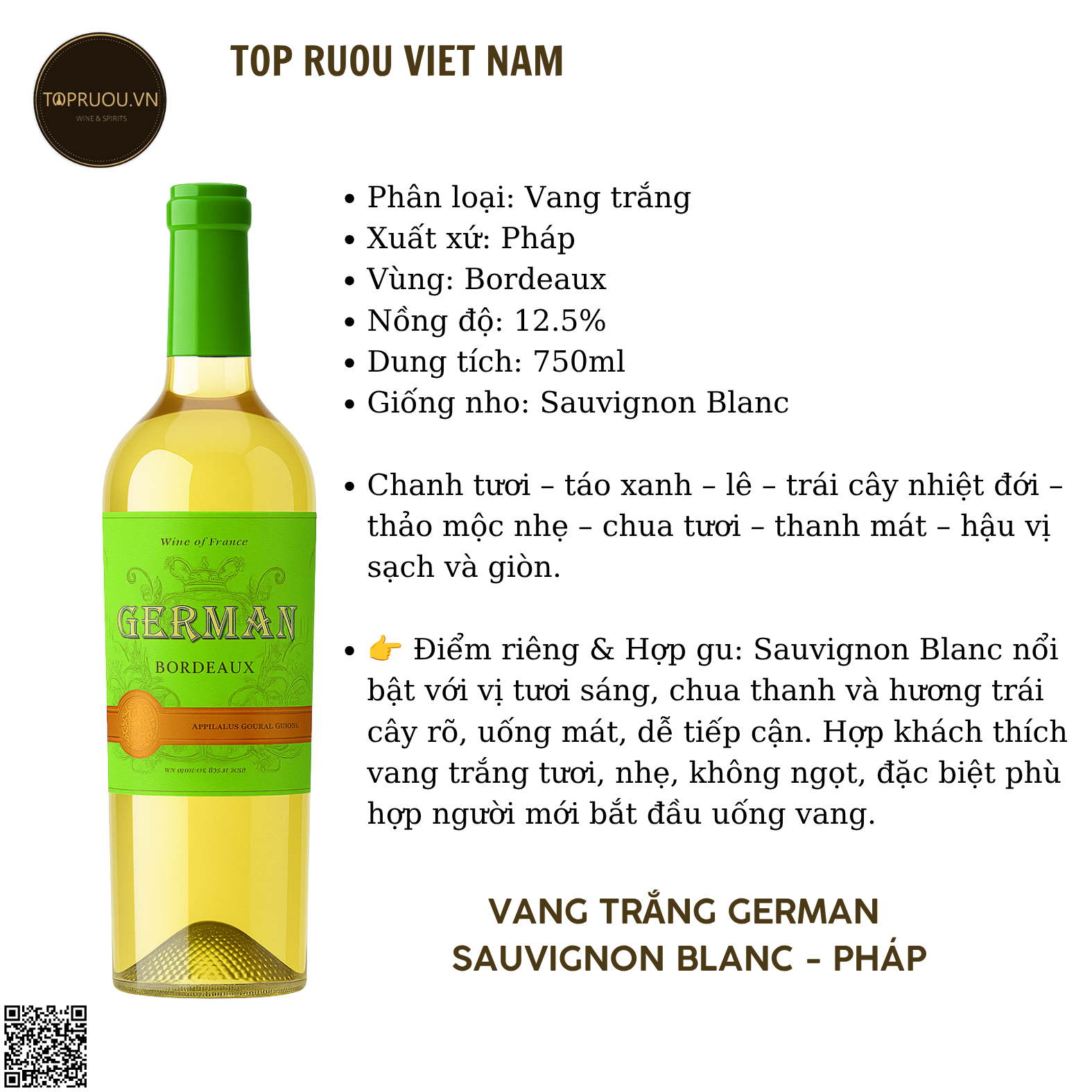 Vang Trắng German - Pháp - Sauvignon Blanc - 12,5% - 750ml