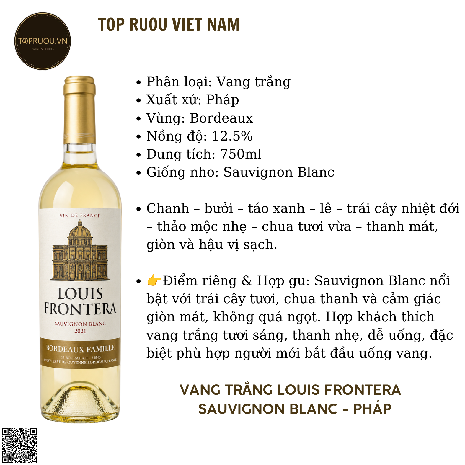 Vang Trắng Louis Frontera - Pháp - Sauvignon Blanc - 12,5% - 750ml
