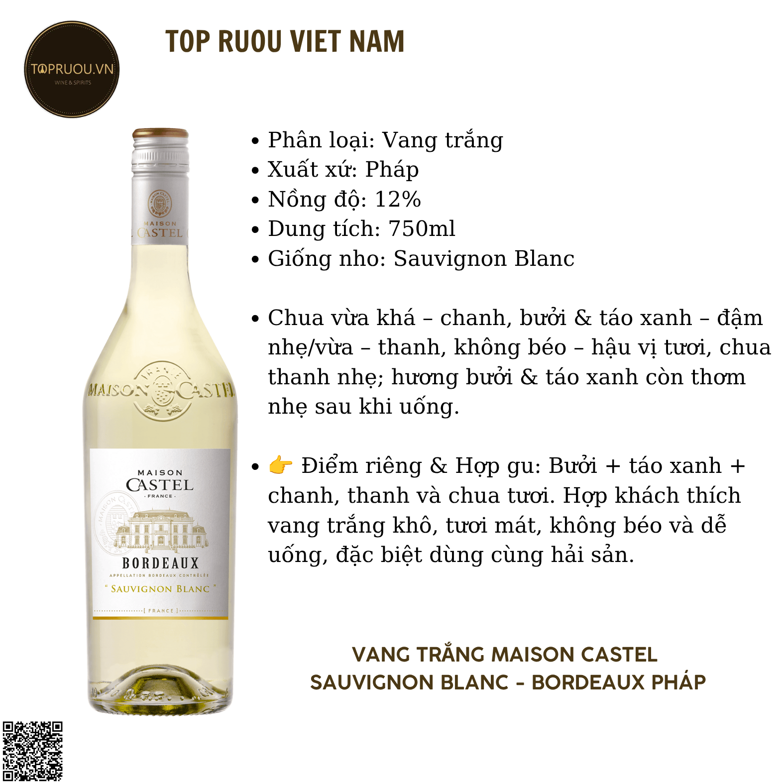 Vang Trắng Maison Castel Sauvignon Blanc Bordeaux - Pháp - Sauvignon Blanc - 12.5% - 750ml