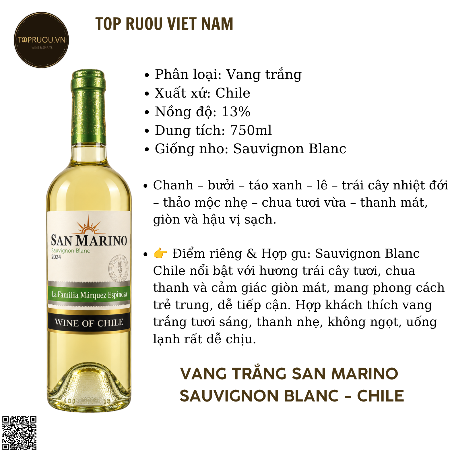 Rượu Vang Trắng San Marino - Chile - Sauvignon Blanc - 13% - 750ml