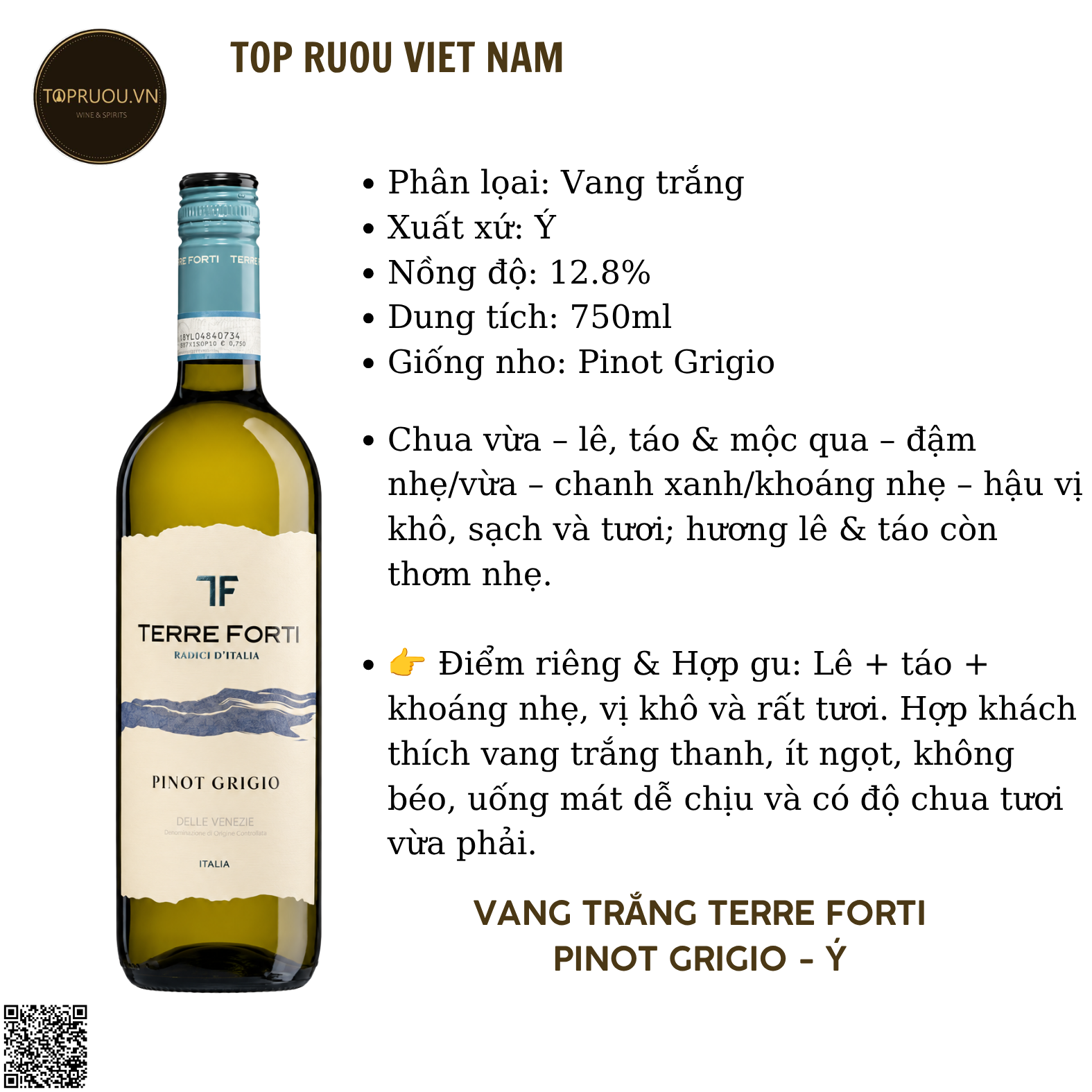 Vang Trắng Terre Forti - Ý - Pinot Grigio - 12,8% - 750ml