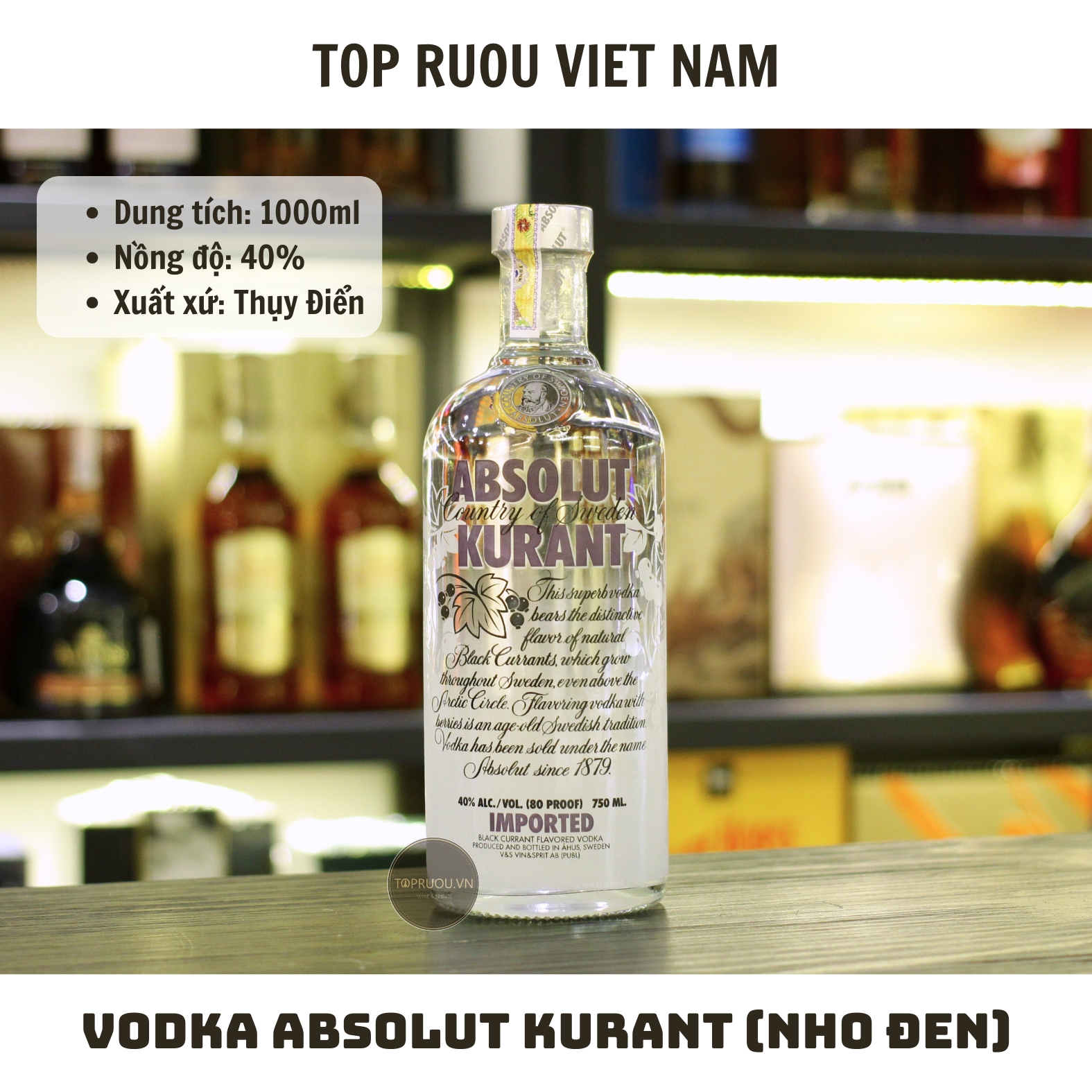 Vodka Absolut Kurant (Nho) - 1000ml - 40% - Thụy Điển