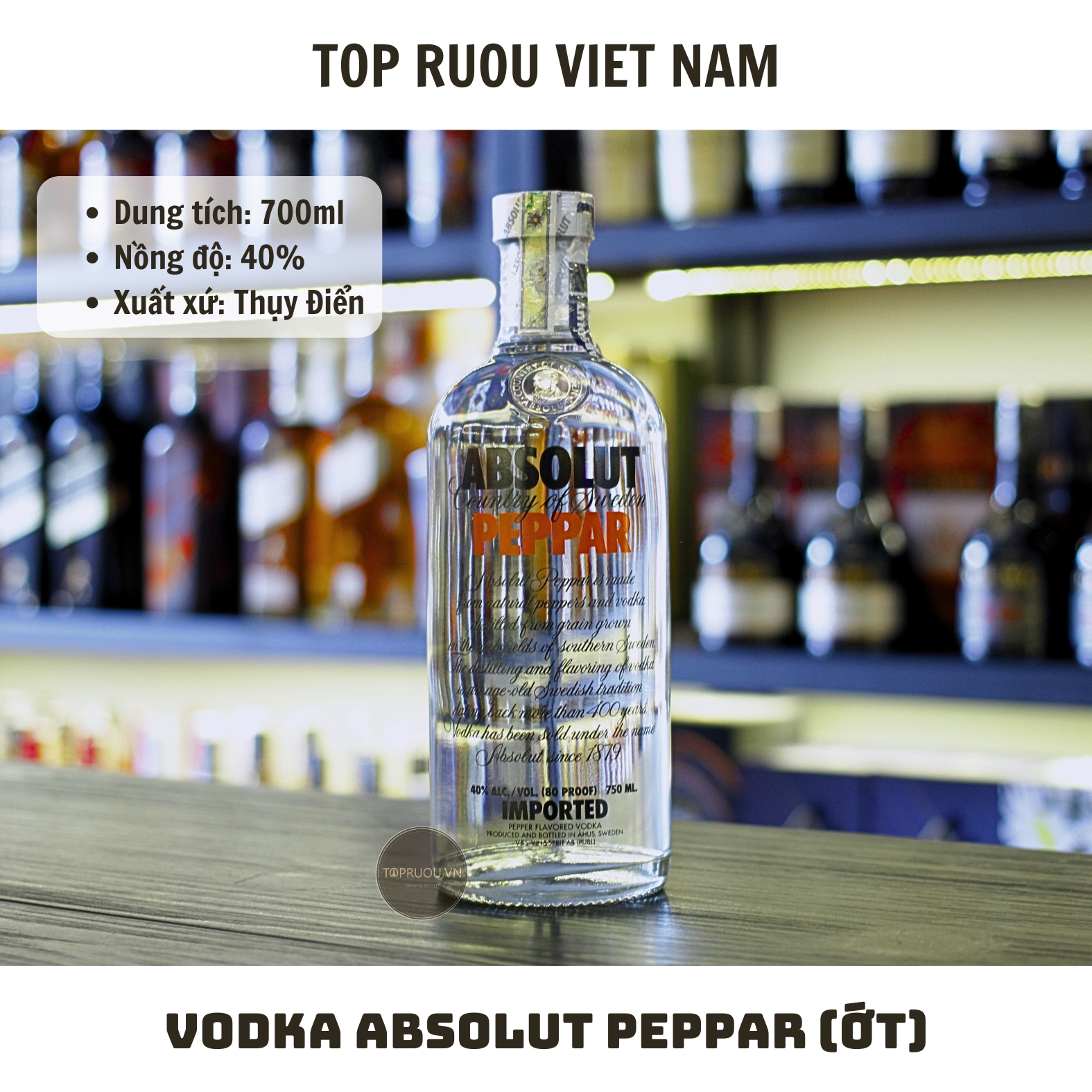 Vodka Absolut Peppar (Ớt) - 700ml - 40% - Thụy Điển