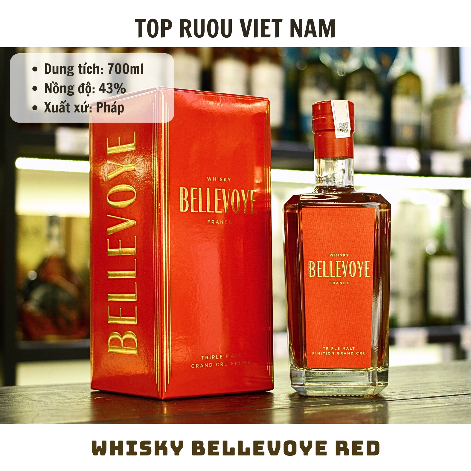 Whisky Bellevoye Finition Grain Cru (Tem Đỏ) - 700ml - 43% - Pháp