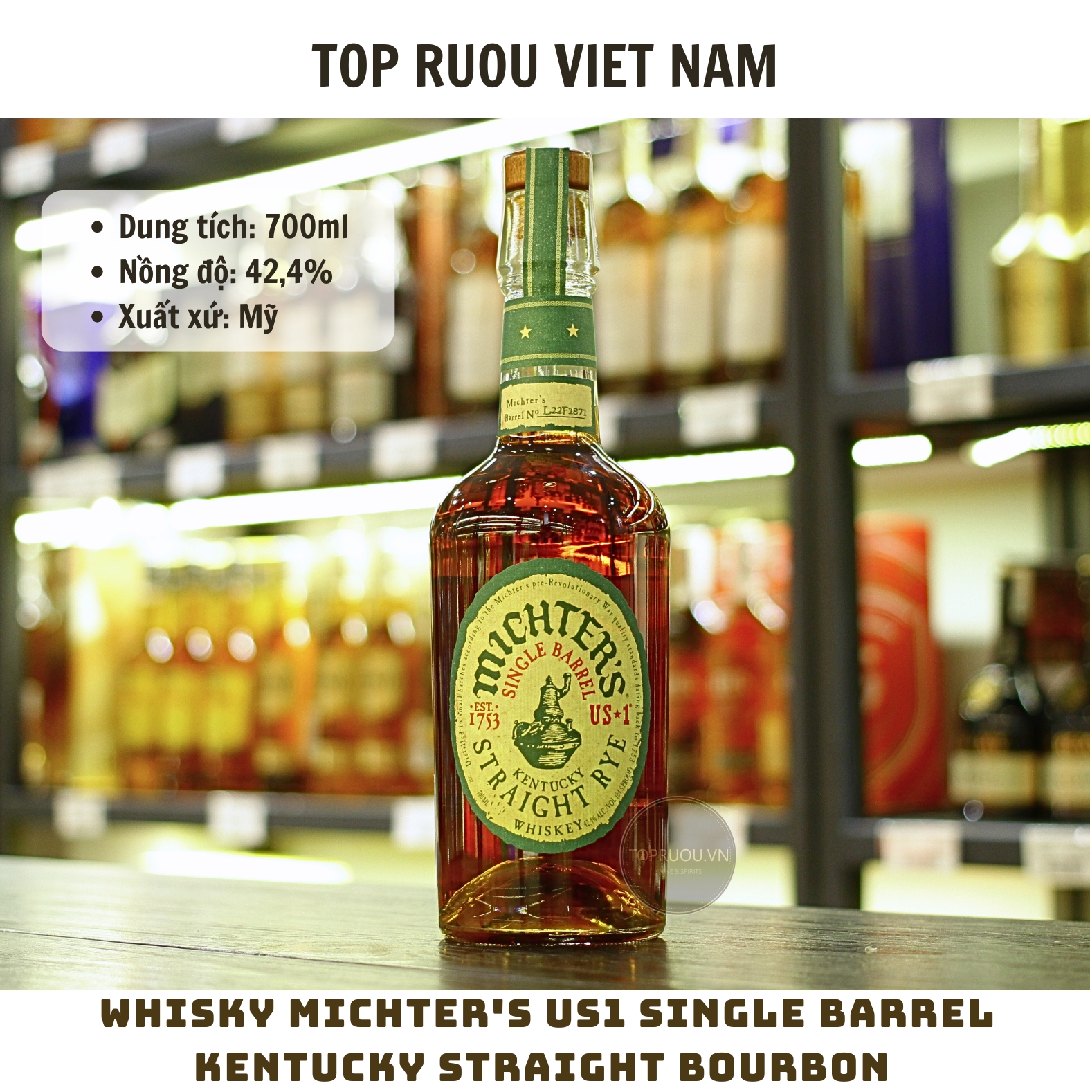 Whisky Michter's US1 Single Barrel RYE Kentucky Straight Bourbon - 700ml - 42,4% - Mỹ