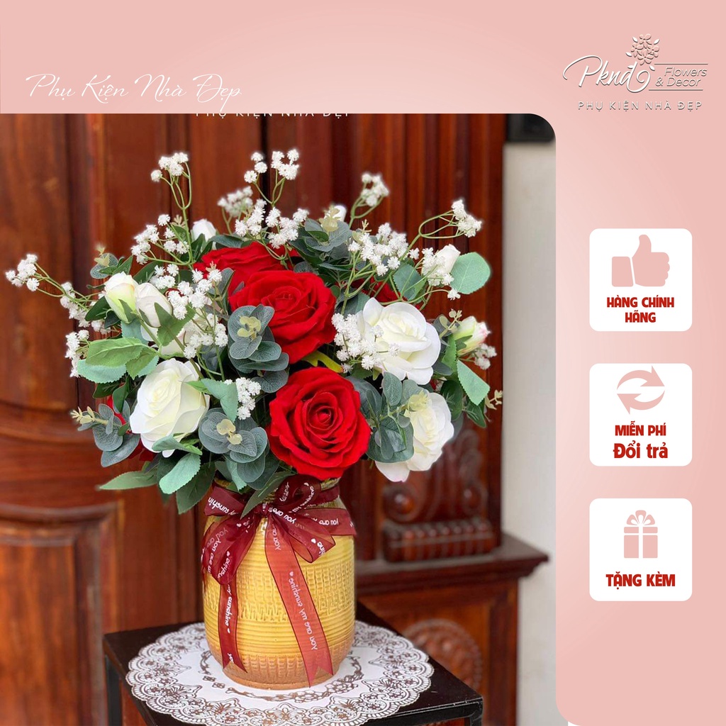 Bình hoa giả hồng nhung lụa trang trí phòng khách đẹp PKND