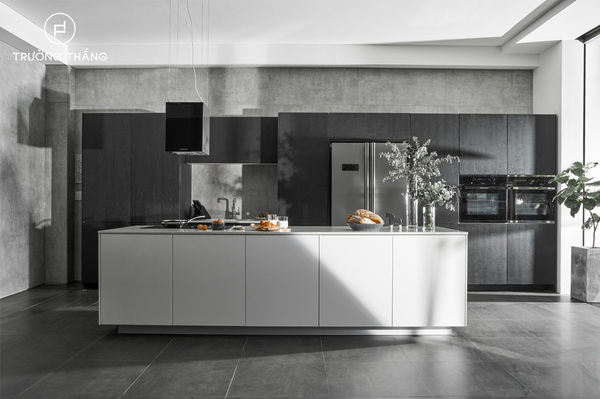 Sự đối lập trong chính hệ tủ bếp làm cho thiết kế trở nên thanh lịch, mới lạ và có phần phá cách