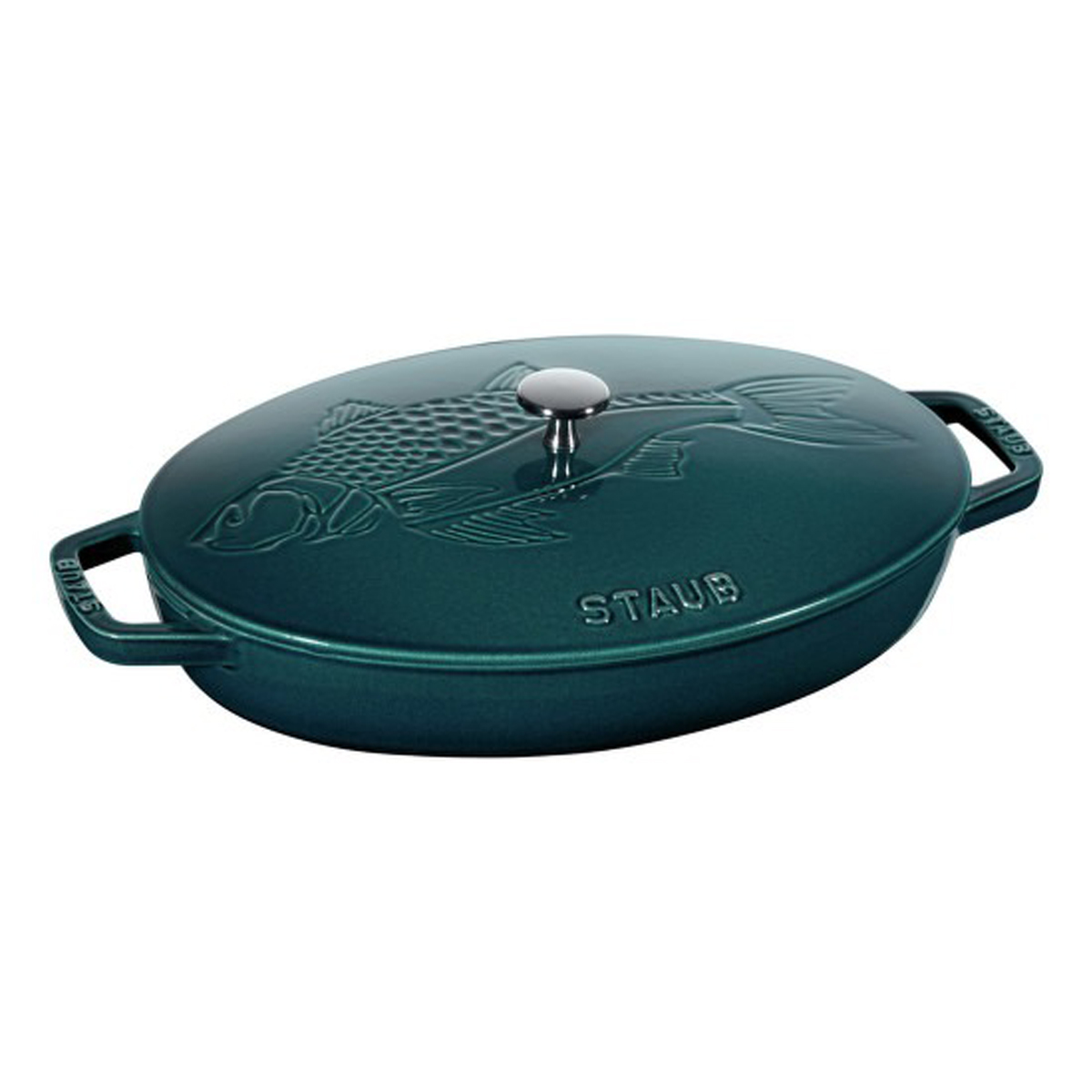 Nồi gang oval vẽ hình cá STAUB - Màu xanh ngọc - 33cm - 2.6L (B)