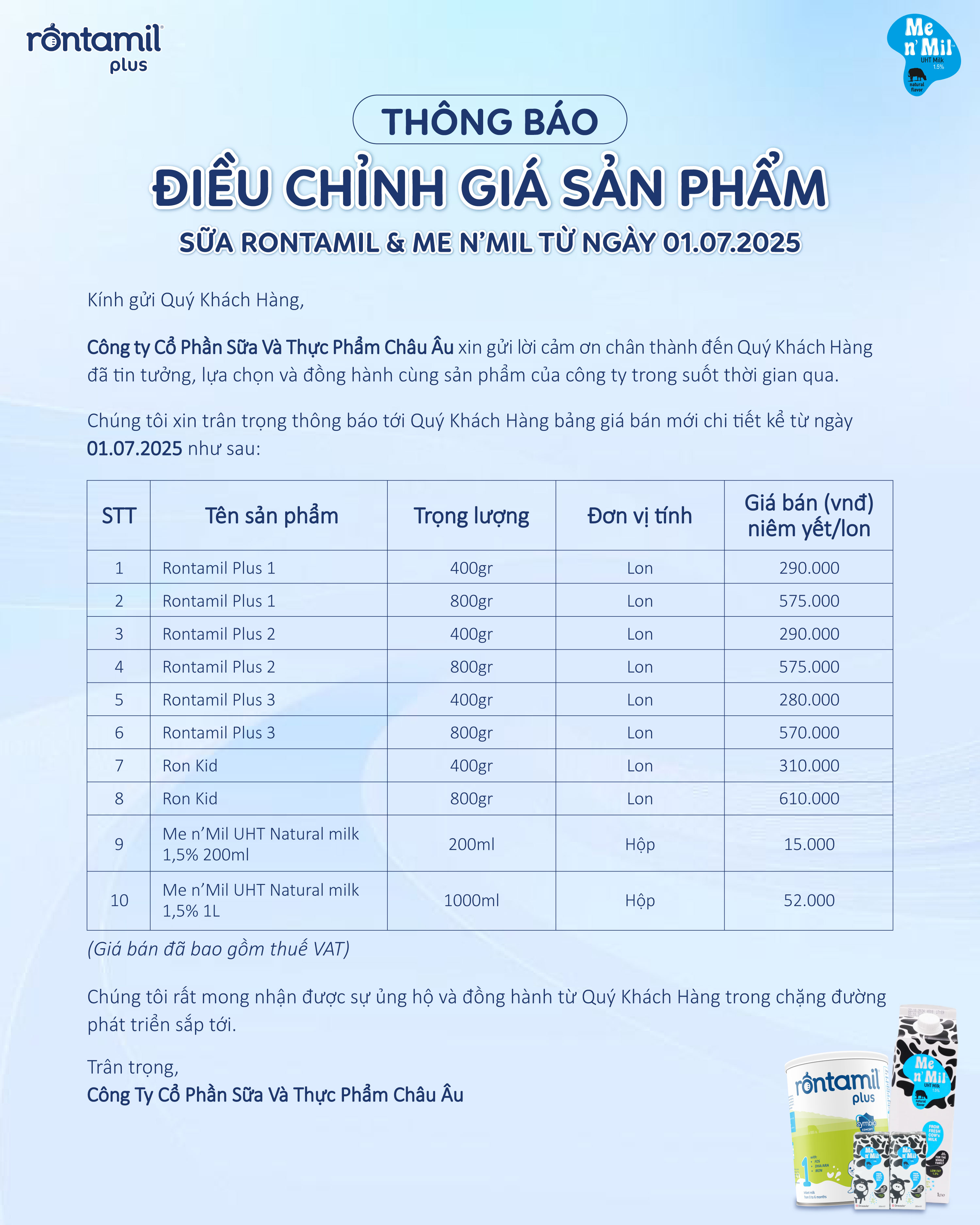 THÔNG BÁO ĐIỀU CHỈNH GIÁ SẢN PHẨM SỮA RONTAMIL & ME N’MIL TỪ NGÀY 01.07.2025
