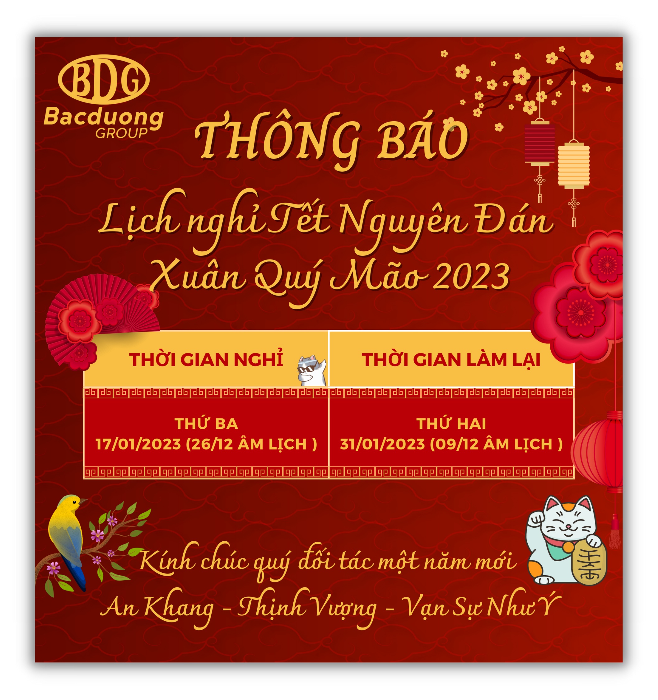 Thông báo lịch nghỉ tết Quý Mão 2023